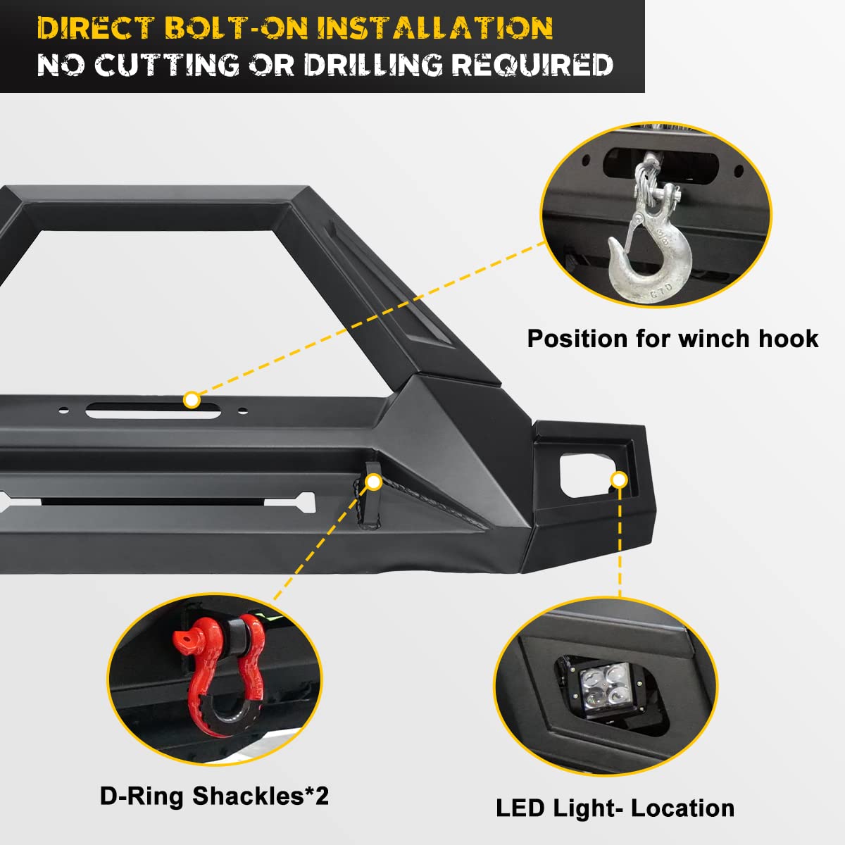 Hawkley Rock Crawler Full Width Front Bumper with LED Lights, D-Rings & Winch Plate - Compatible with Jeep Wrangler JK (2007-2018), JL (2018-2025) & Gladiator JT (2020-2025) - Heavy Duty Off-Road Protection for Trail Riding & Rock Crawling
