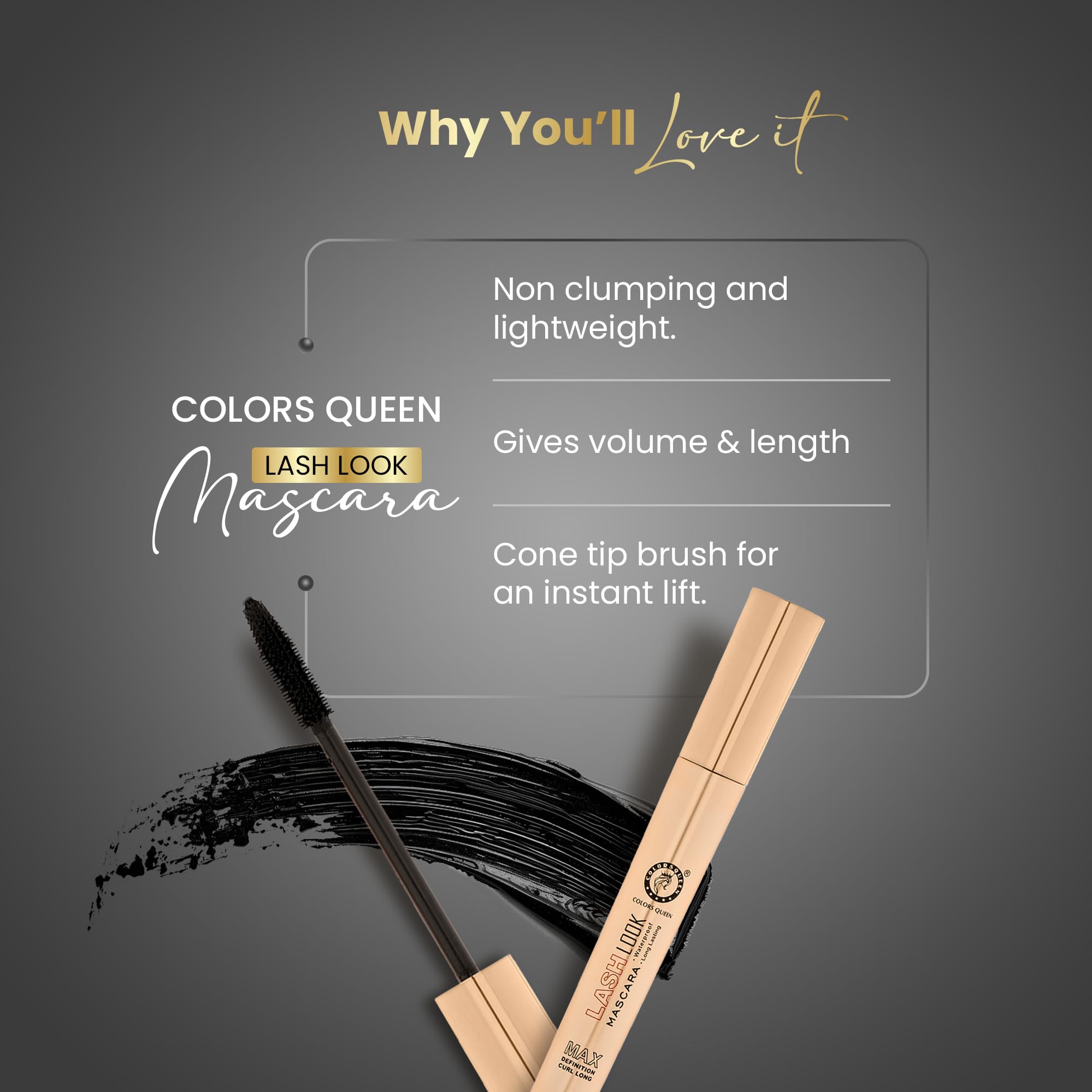 Colors Queen Lash Look Long Lasting Lengthening Mascara – 9ml – Black | Volumizing & Curling Mascara for Defined Lashes | Smudge Proof, Waterproof & Flake Free | Perfect for Daytime Wear, Night Out & Special Occasions