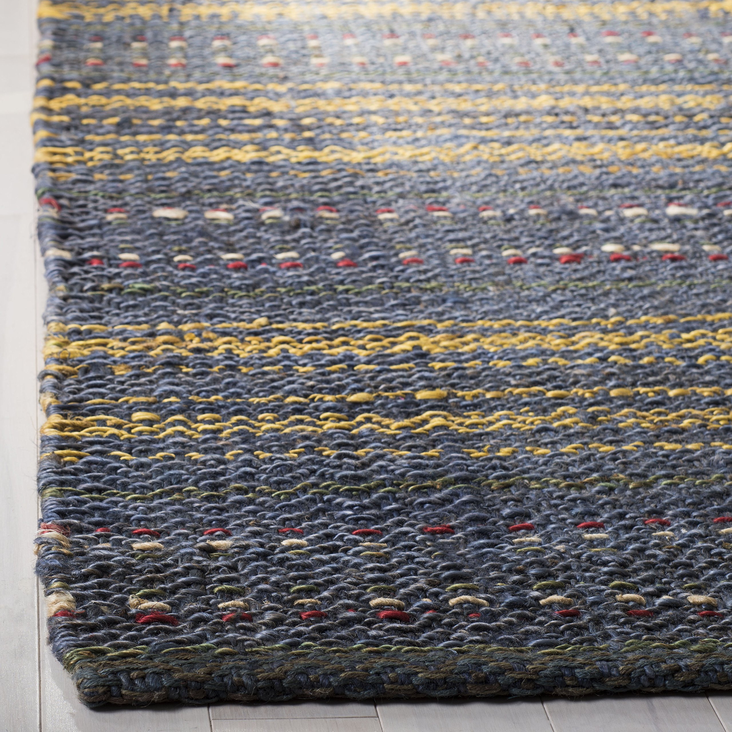 SAFAVIEH Handmade Natural Jute Area Rug 8' x 10' - Blue & Gold Striped Design for Living Room & Bedroom | Durable Floor Covering for High Traffic Areas | Eco-Friendly Home Decor | Perfect for Boho, Coastal & Farmhouse Style Interiors