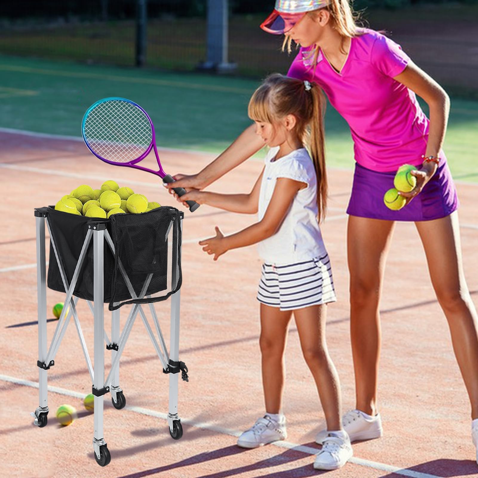 Foldable Tennis Ball Cart - Portable Tennis Ball Hopper with Wheels Holds 160 Balls | Lightweight Tennis Ball Carrier with Removable Bag & Side Pockets | Perfect for Tennis Practice, Coaching & Sports Training (1 Set)