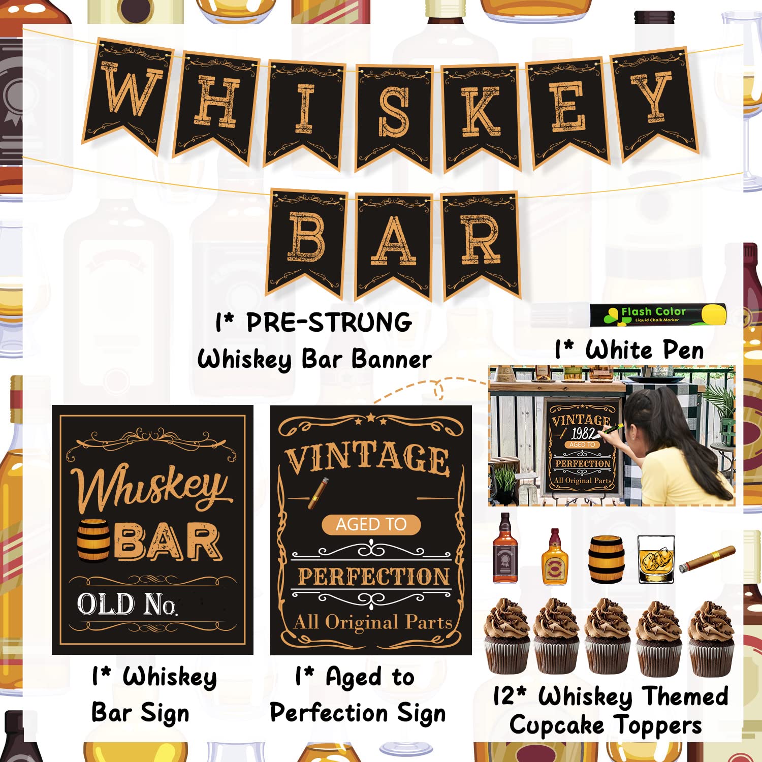 Whiskey Bar Decor Kit - DIY Aged Whiskey Bar Sign & Cake Toppers for Men's 30th 40th 50th Birthday Party Supplies | Perfect for Whiskey Themed Celebrations, Home Bars & Man Cave Decorations