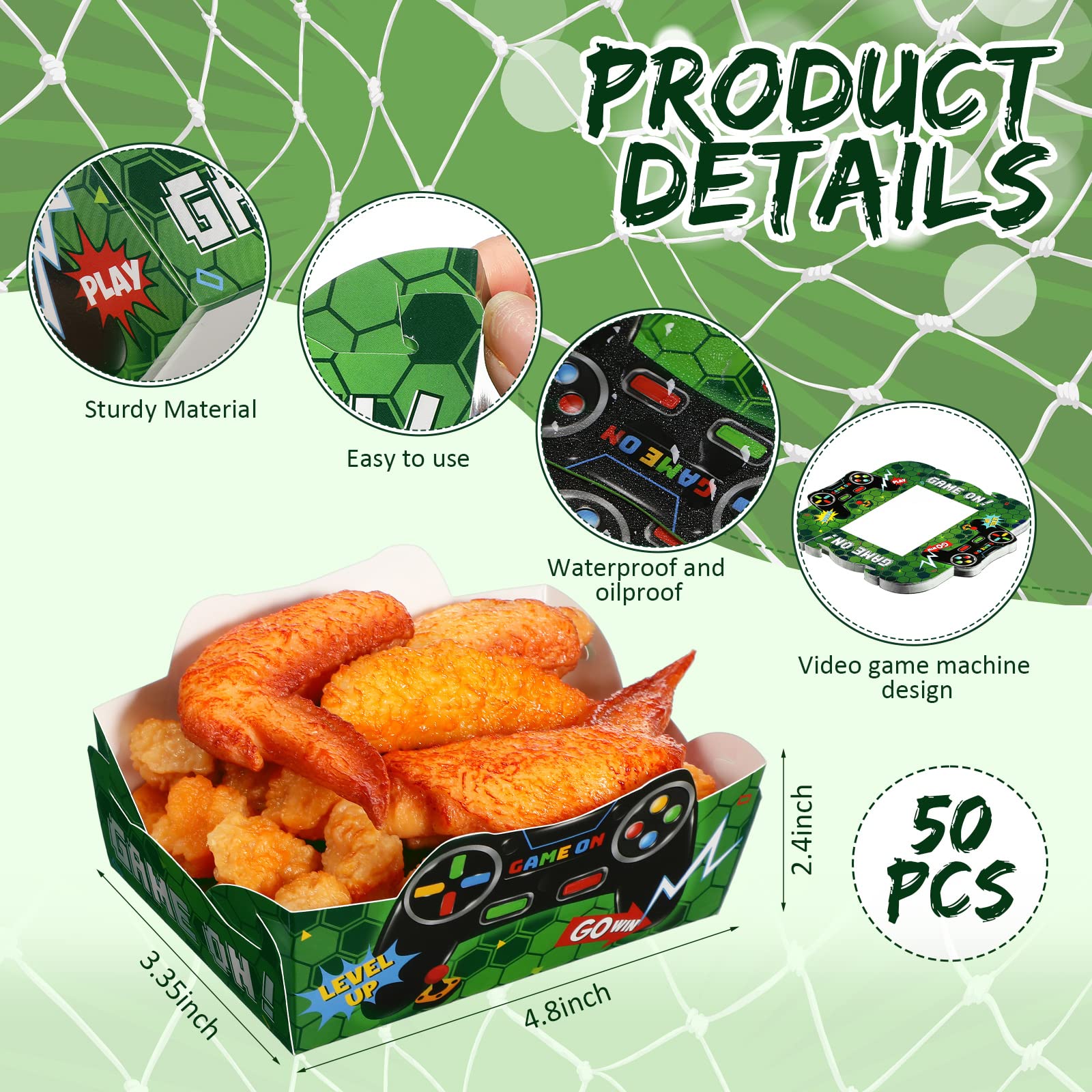 50 Pcs Green Disposable Paper Food Trays - 2lb Snack Plates for Video Game Birthday Party Favors, Nacho Hot Dog Popcorn Serving Trays | Gamer Party Decorations & Gaming Themed Supplies - Perfect for Game Nights, Birthday Parties & Movie Snacks