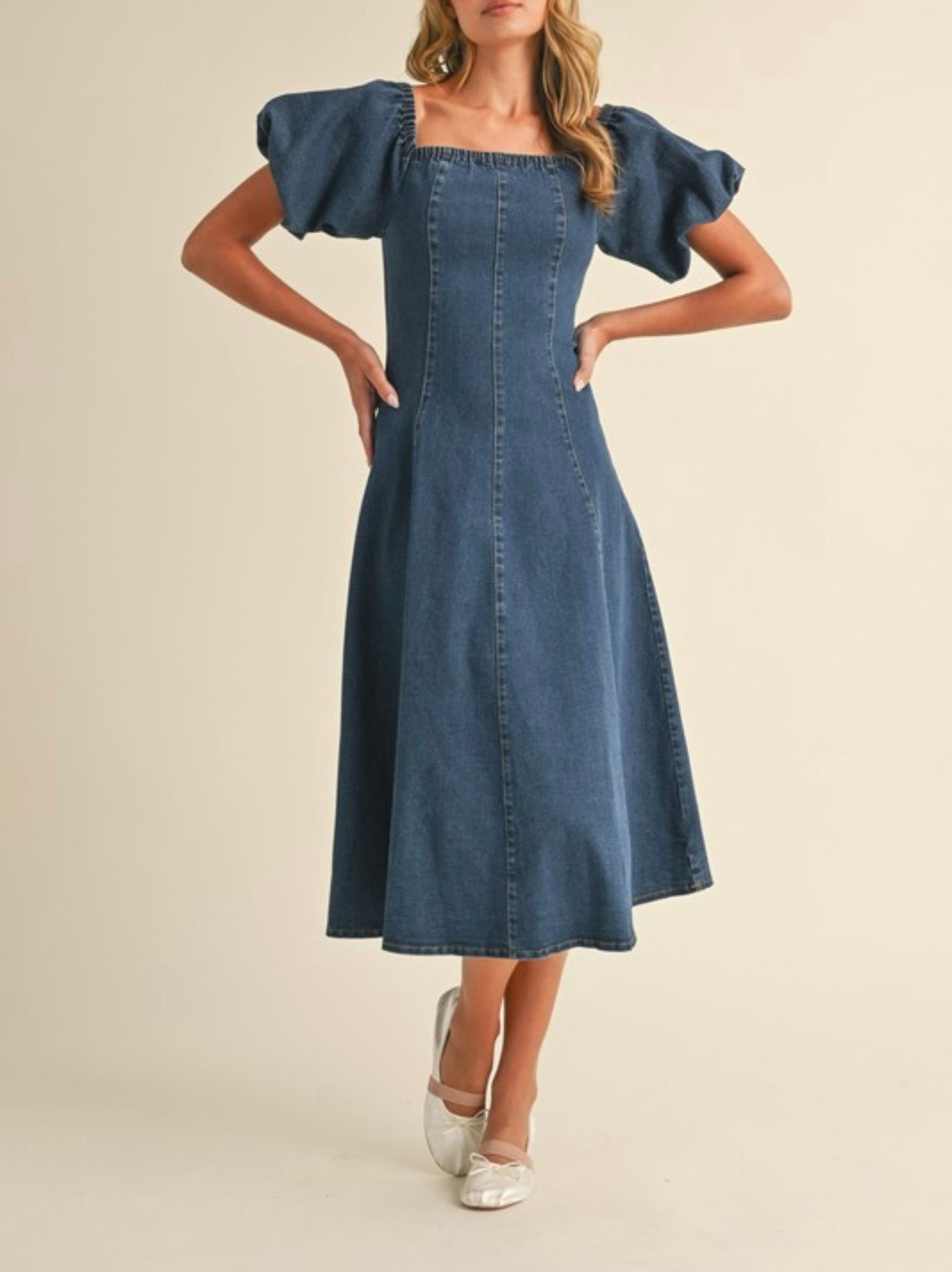Stylish Denim Puff Sleeve A-Line Midi Dress for Women | Vintage Inspired Casual & Party Wear | Perfect for Date Nights, Office Outfits and Summer Events