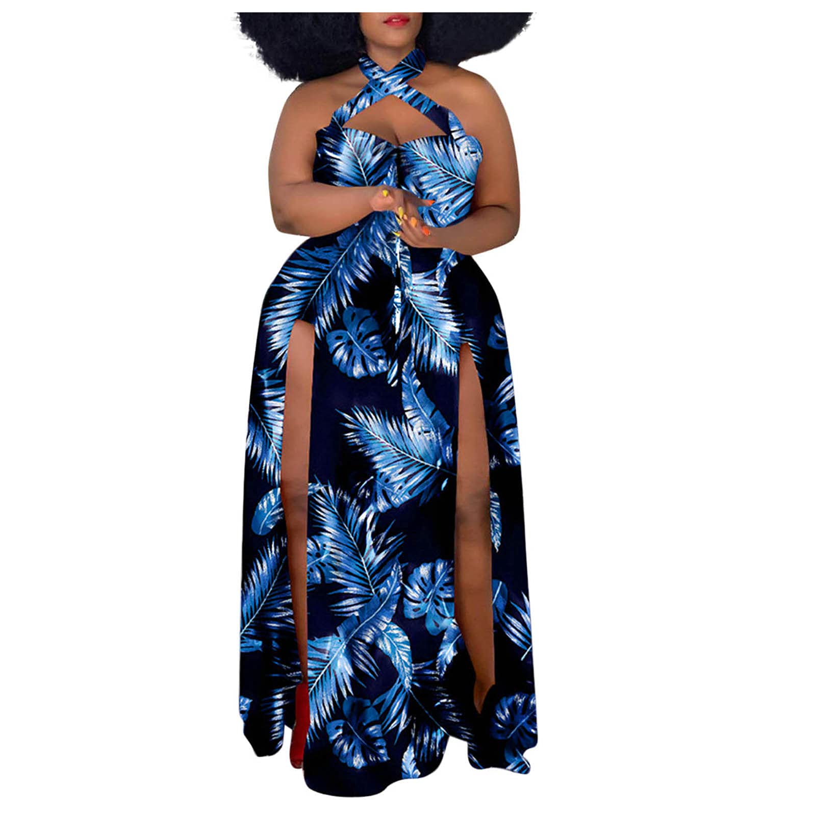 KCocoo Women's Plus Size Summer Maxi Dress - Sexy Sleeveless Halter/V Neck Floral Print Beach Dress with High Slit (Blue #02, XXXXXL) | Perfect for Vacations, Pool Parties & Tropical Getaways