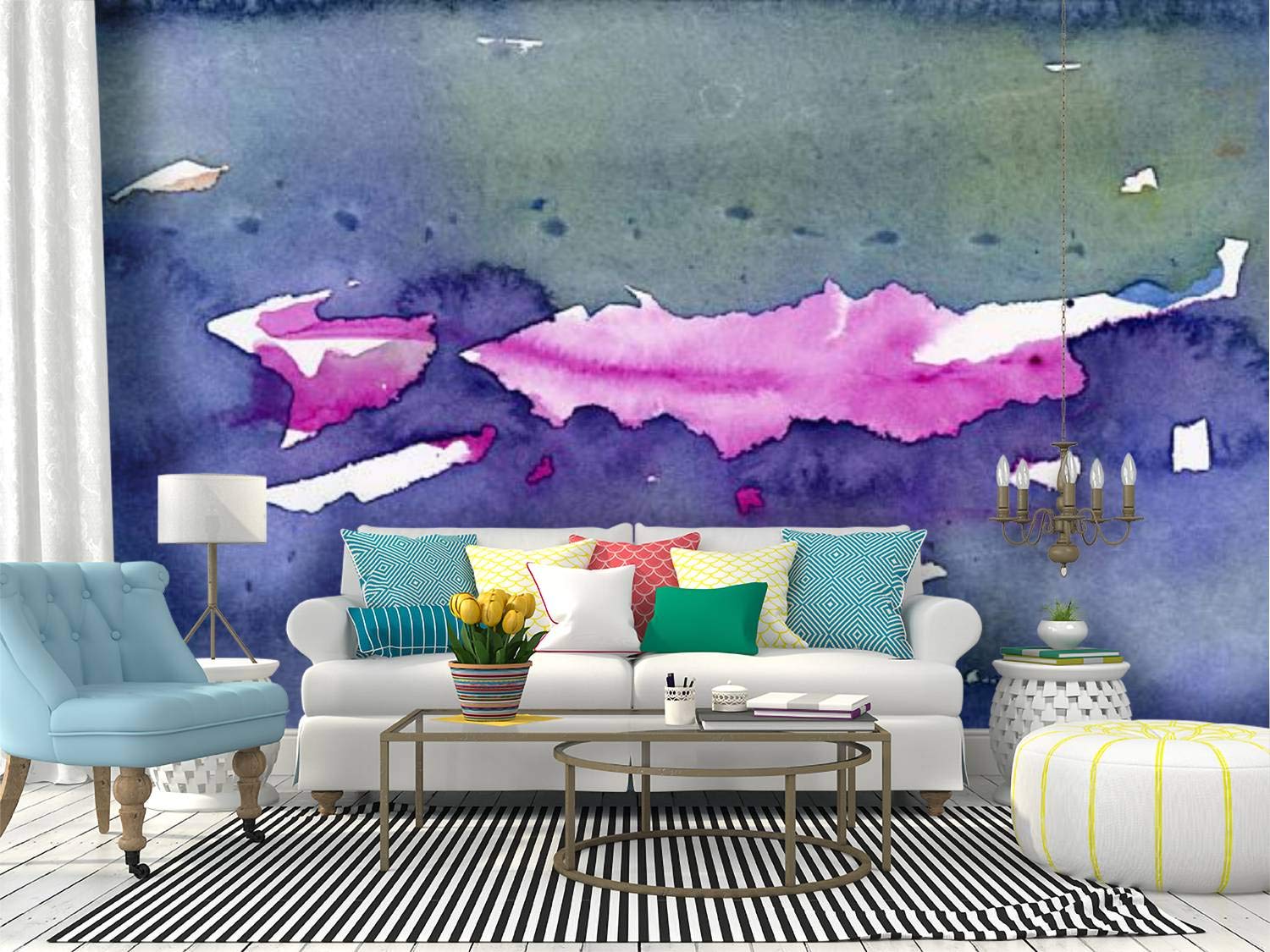 Abstract Watercolor Texture Blue and Red Peel and Stick Wallpaper - Self-Adhesive Removable Vinyl Wall Mural for Home Decor, Bedroom, Living Room, Office & Nursery - Easy DIY Wall Sticker (36