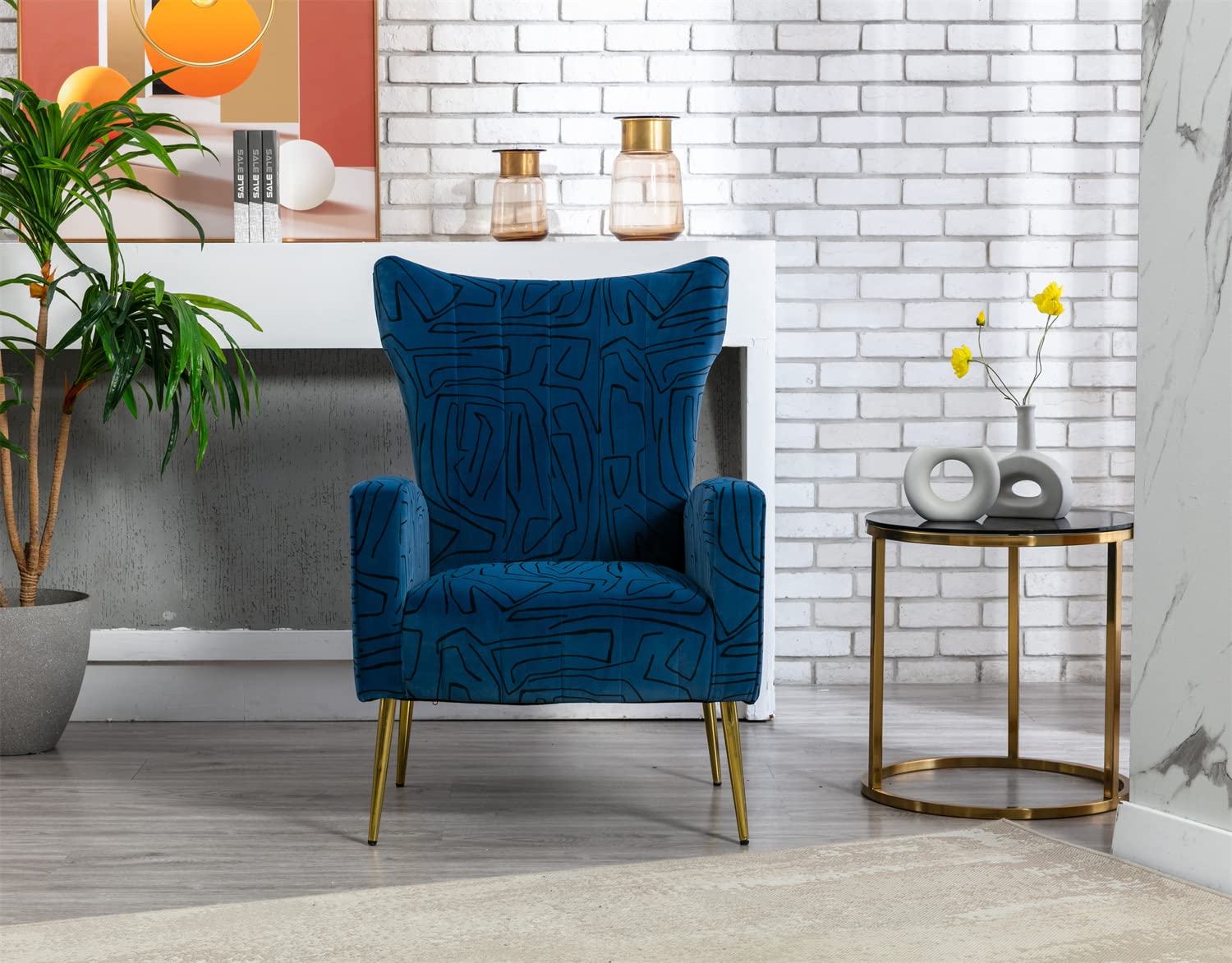 Velvet Wingback Accent Chair with Rose Gold Feet - Vintage Upholstered Armchair for Living Room, Lounge & Reading Nook - Navy Blue Comfort Sofa Chair for Home Decor