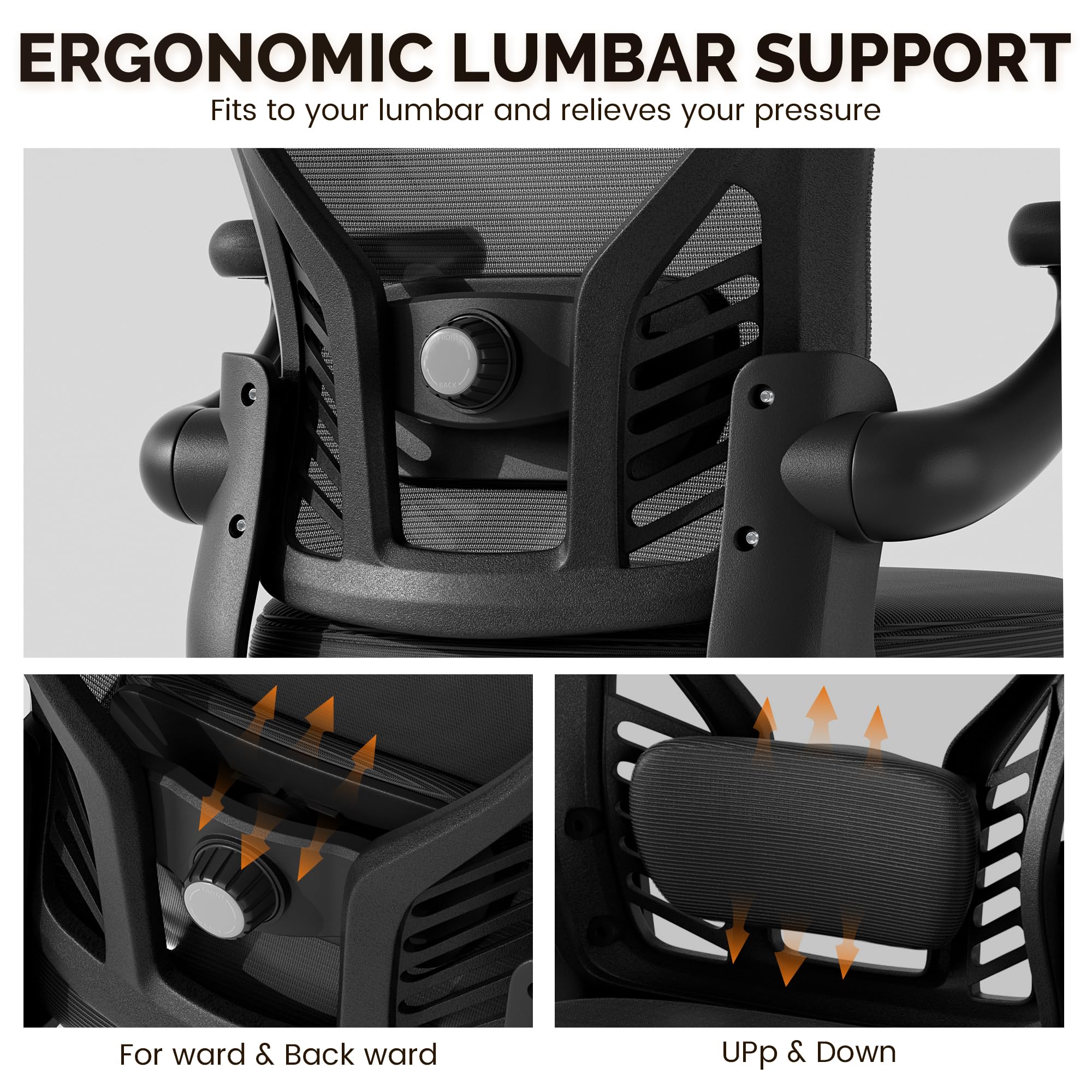 Ergonomic Mesh Office Chair with Wheels - Adjustable Lumbar Support & Flip-Up Arms, Swivel Computer Desk Chair for Home & Office Use - Comfortable Black Task Chair for Long Working Hours