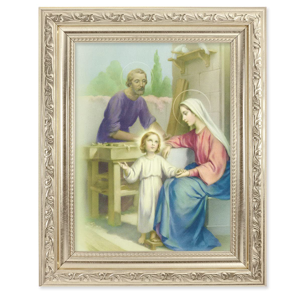 Holy Family Picture Framed Wall Art - Antique Silver Finish with Acanthus Leaf Design - Religious Home Decor for Living Room, Bedroom & Church