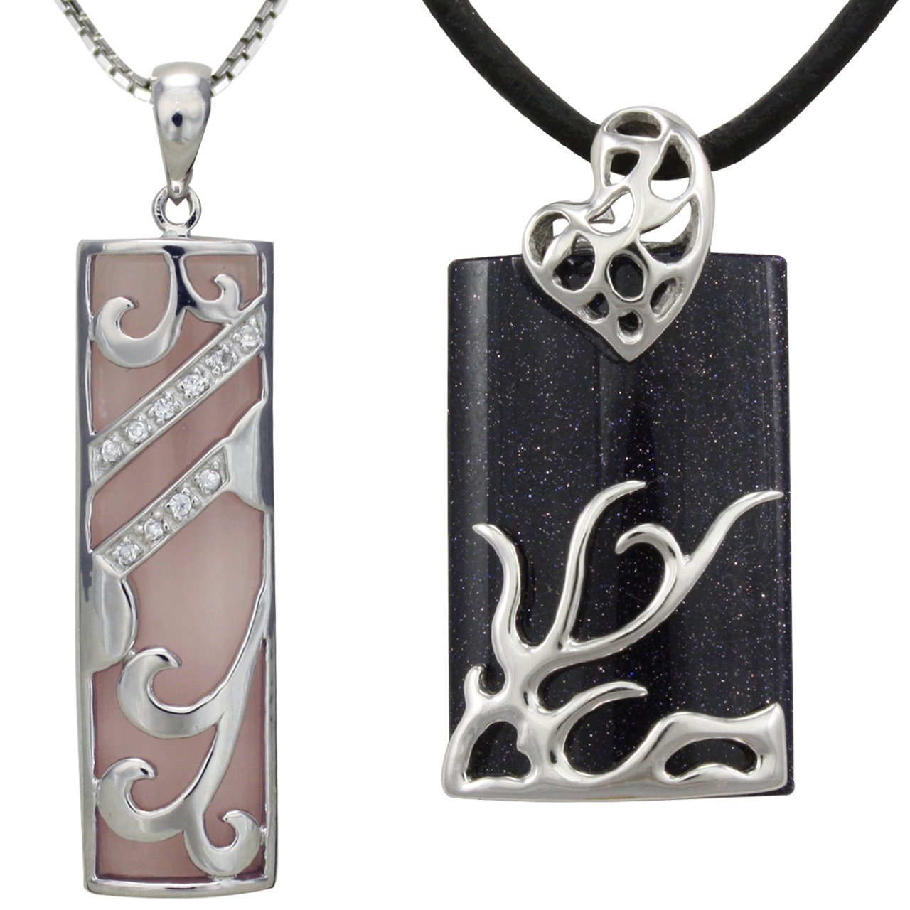 Dragon and Phoenix Silver Pendant Necklace Set with Rose Quartz & Goldstone - Elegant Jewelry Gift for Women, Perfect for Weddings, Anniversaries & Special Occasions
