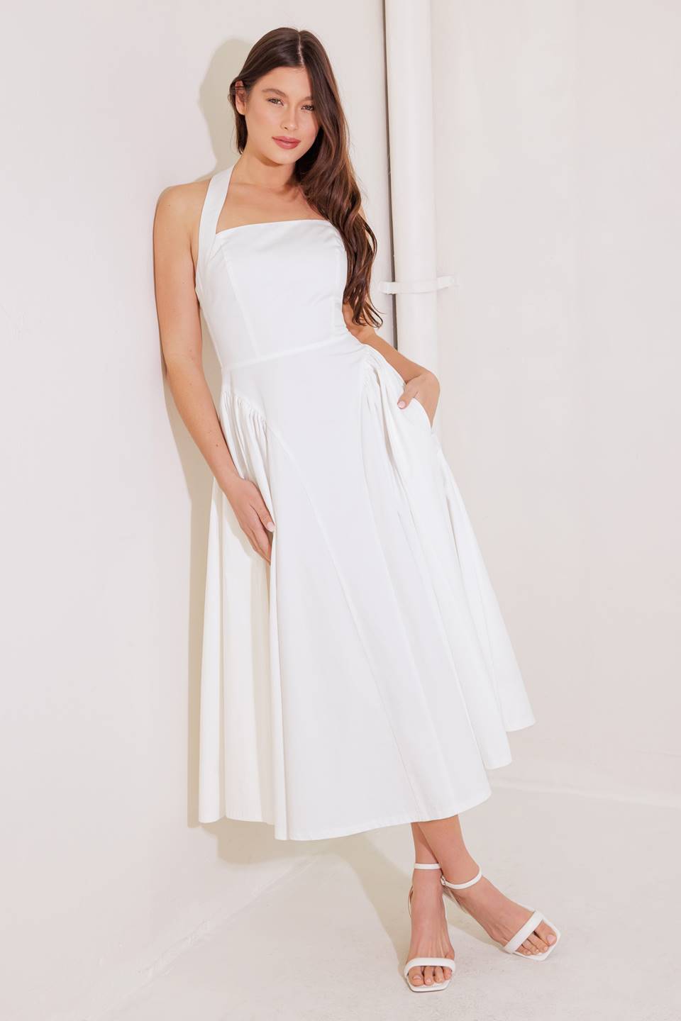 Stylish White Halter Midi Dress for Women - Perfect for Summer Outings, Beach Vacations, and Rainy Day Chic