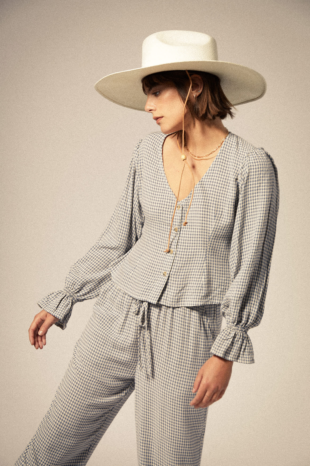 The Meadow Blouse - Azure Blue Gingham Women's Top | Floral Print Casual Shirt for Spring & Summer | Perfect for Office, Date Night & Outdoor Activities