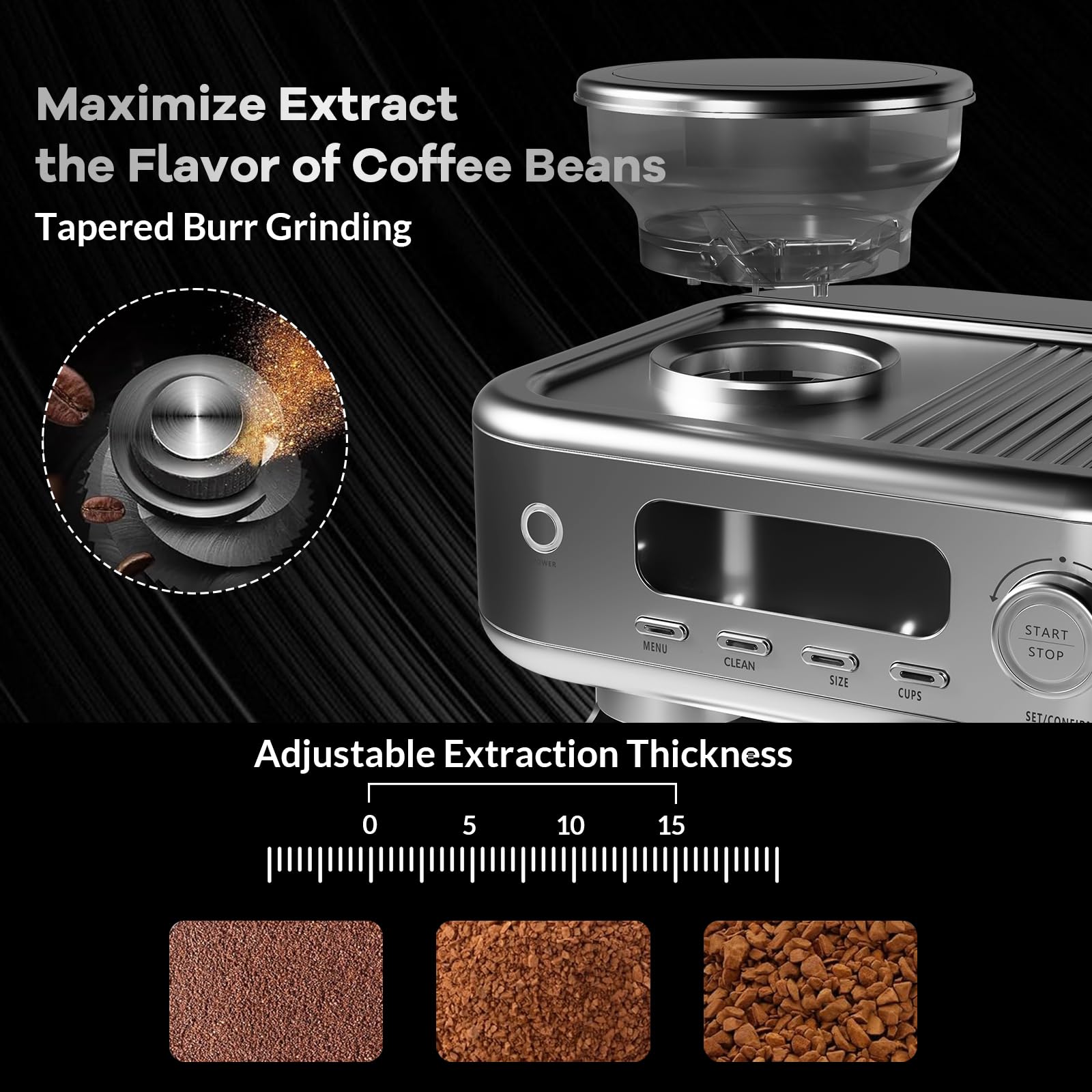 15 Bar Professional Espresso Coffee Machine with Built-in Grinder & LED Display - Self-Cleaning Home Barista Kit for Latte, Cappuccino - Perfect for Kitchen, Office & Coffee Shop Use (Grey)