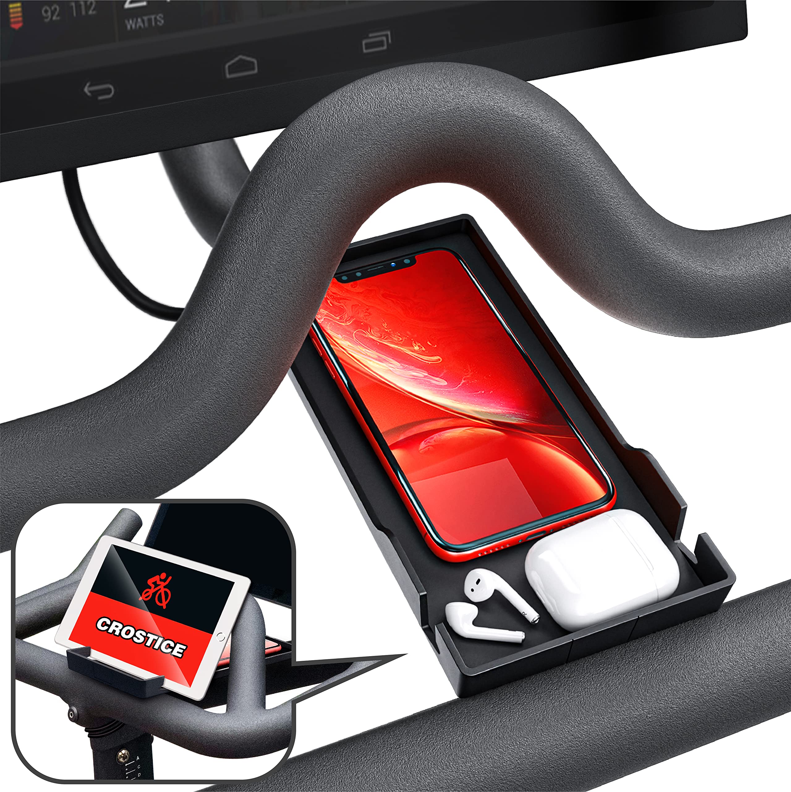 Original Design Crostice Phone Holder for Peloton Bike & Bike Plus - Universal Phone Mount Tray Compatible with iPhone, Android & Baby Monitors - Perfect for Home Workouts & Cycling Accessories