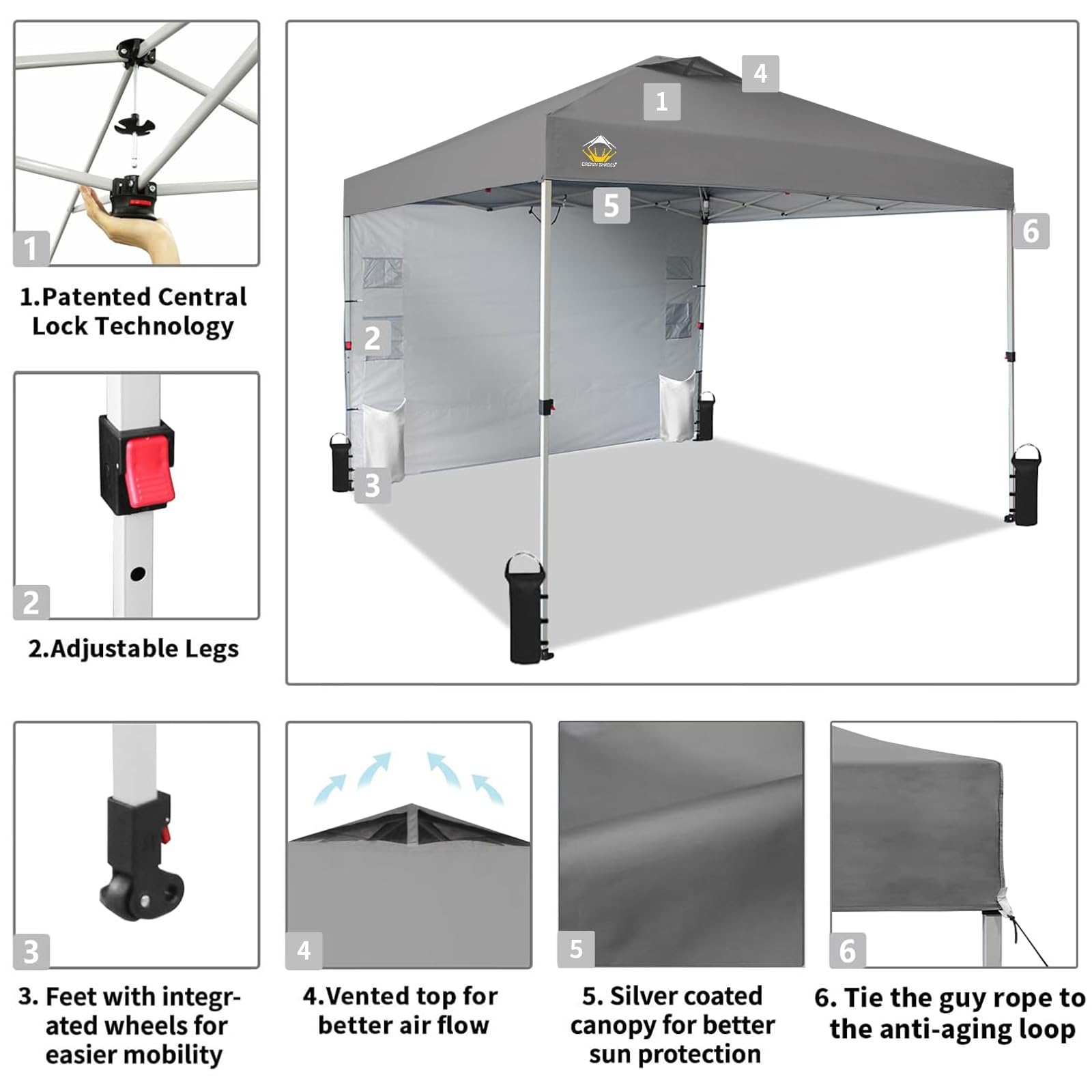 10x10 Pop Up Canopy Tent with Sidewalls & Pockets - Portable Instant Sun Shelter for Camping, Beach, Backyard & Outdoor Events - Easy One-Person Setup with Center Lock System - Grid Grey