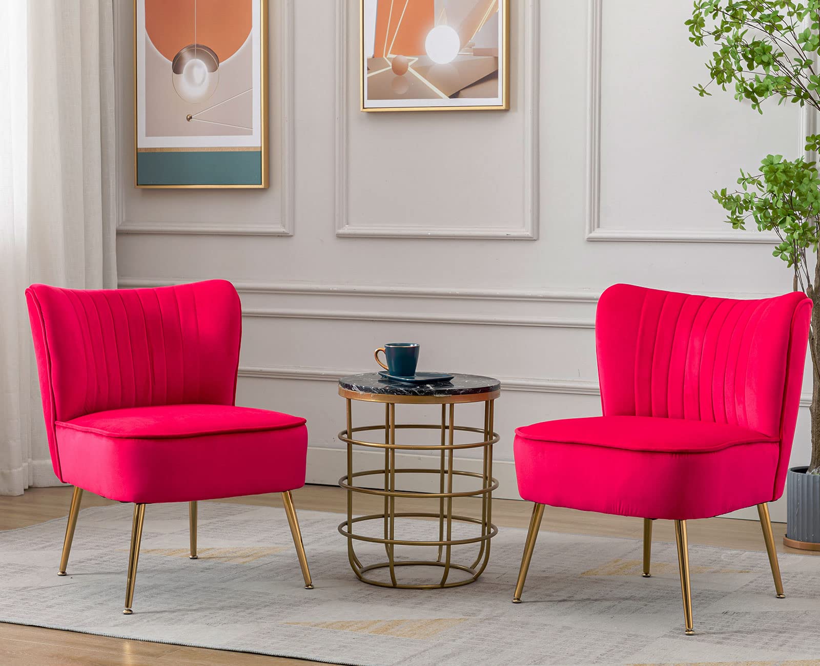 Velvet Accent Chairs Set of 2 - Modern Upholstered Slipper Chairs with Golden Metal Legs, Armless Wingback Side Chairs for Living Room, Bedroom, Office & Dining Room - Soft Rose Red Velvet Fabric - Perfect for Reading Nook, Lounge Area or Guest Seating