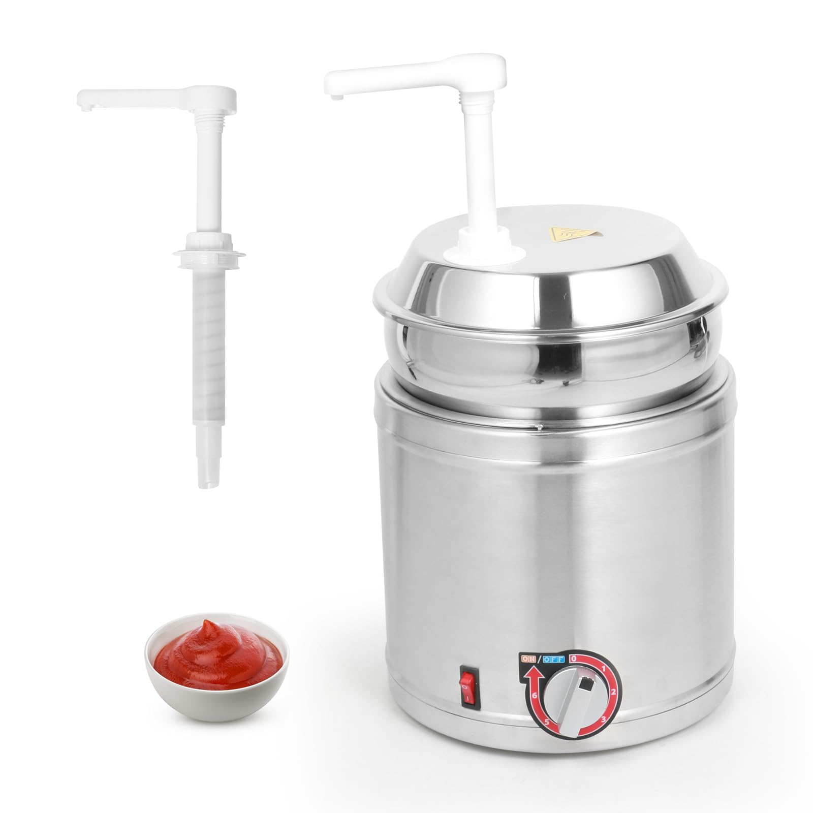 Commercial 7 QT Electric Stainless Steel Hot Fudge Dispenser with Temperature Control & Plastic Pump - 110V/200W Nacho Cheese Warmer for Buffets, Bakeries, Restaurants - Perfect for Chocolate Fountain, Caramel Sauce, and Cheese Dips at Parties, Cafes & Catering Events