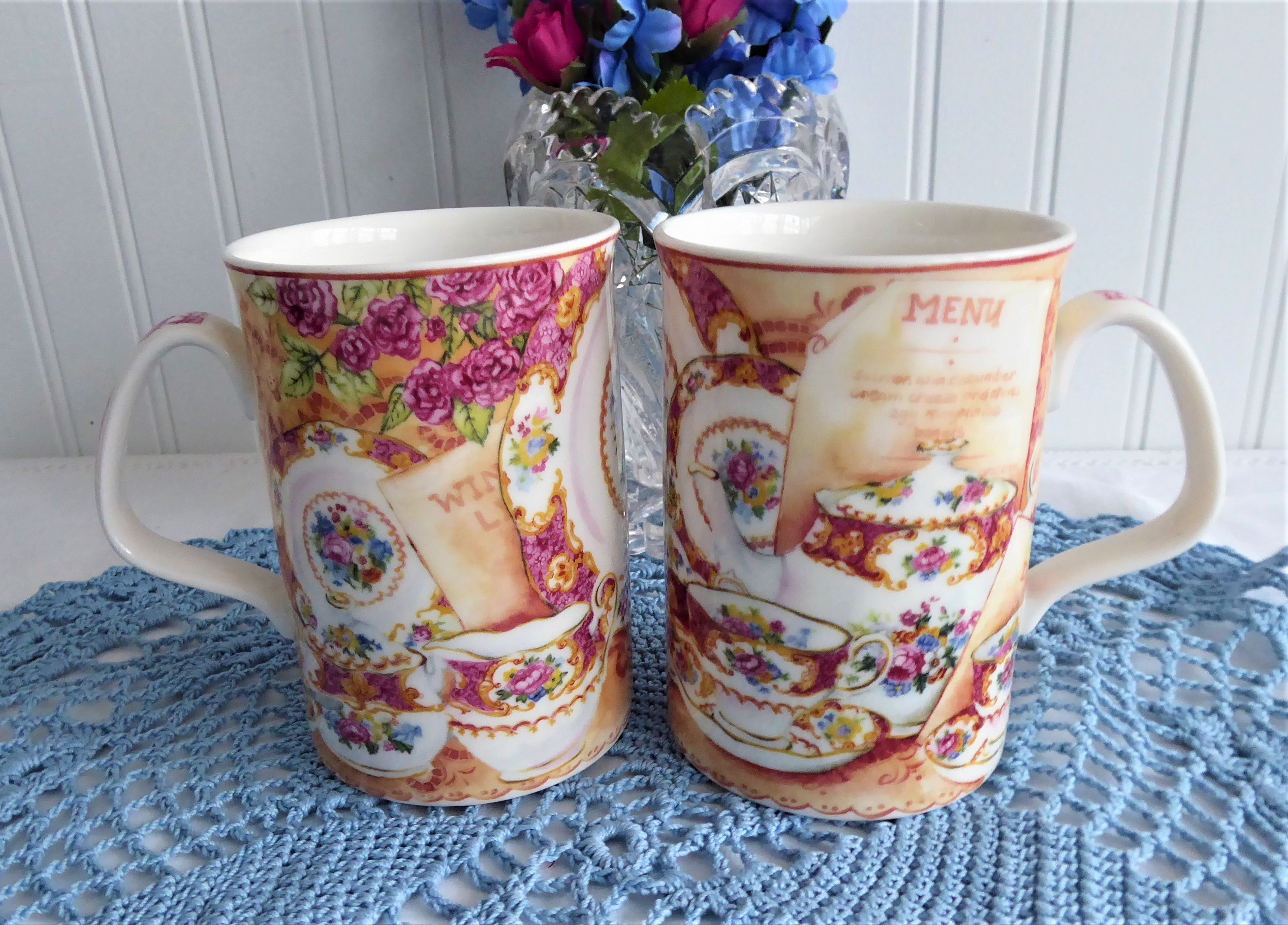Royal Albert Lady Carlyle Collage Mug Pair - Elegant Afternoon Tea Set, Floral Bone China Tea Cups with Saucers - Perfect for English Tea Parties, Bridal Showers & Gift Giving