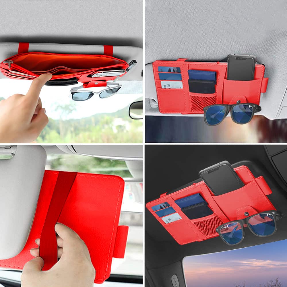 1 Pack Car Sun Visor Organizer - Sunglasses & Documents Holder for Car Visor - Auto Interior Accessories with Pockets for Cards, Pen, Driver's License (Red) - Perfect for Road Trips & Daily Commute