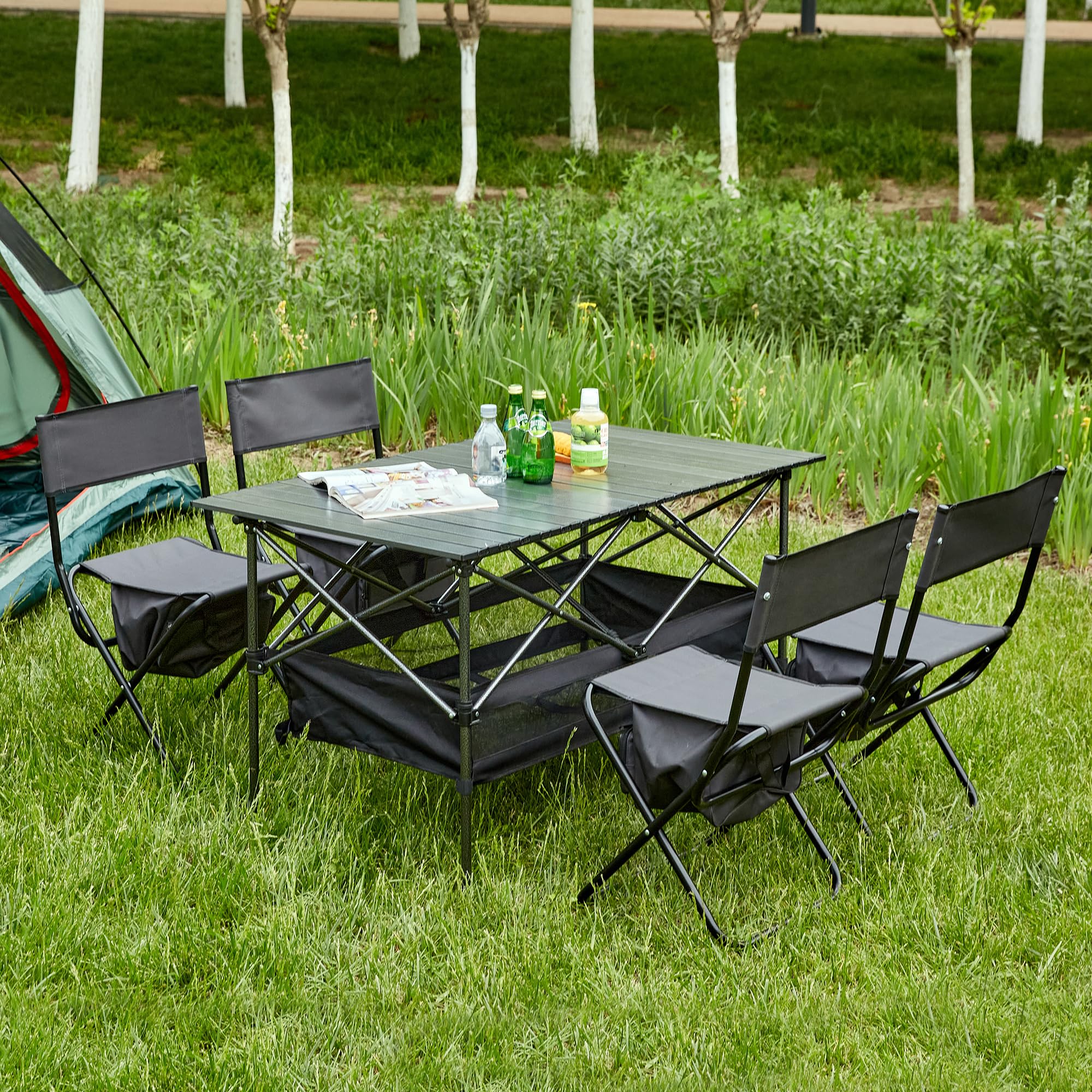 Heasege 5-Piece Folding Outdoor Table and Chair Set - Portable for Camping, Picnics, Beach, Backyard, BBQ, Parties & Patio - Indoor/Outdoor Use - Black/Gray (1 Table + 4 Chairs) - Perfect for Family Gatherings, Tailgating & Outdoor Dining