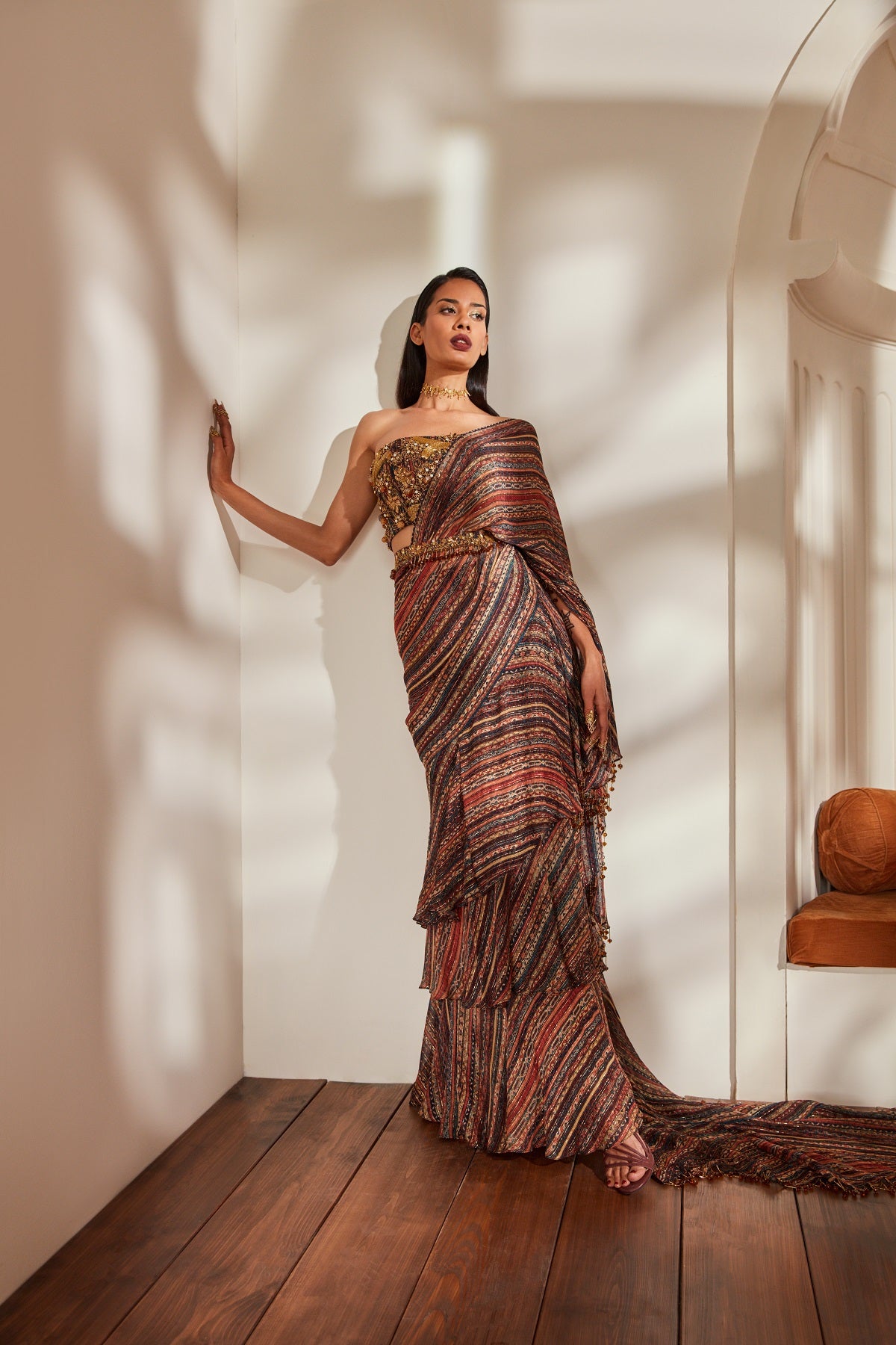 Elegant Stripe Print Ruffle Saree with Tube Top & Belt - Baroque Handwork for Women's Party Wear & Special Occasions