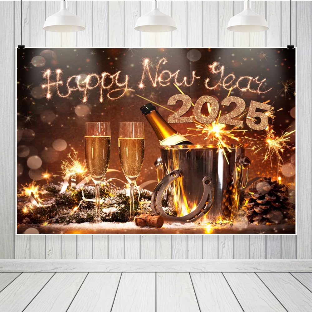 Leowefowa 9x6ft New Year's Eve 2025 Backdrop - Lucky Horseshoe & Champagne Fireworks Bokeh Photo Background for Christmas & NYE Party Decorations - Perfect for Home Celebrations, Photo Booths & Social Media Posts