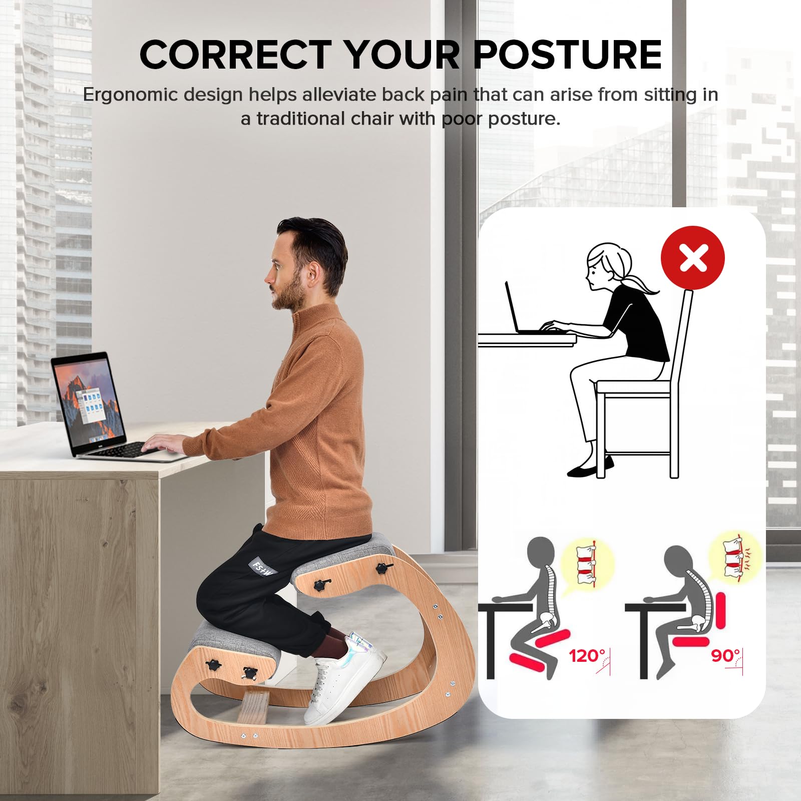 Ergonomic Kneeling Chair for Home Office - Adjustable Wood Rocking Knee Stool with Soft Padding - Natural Neck & Back Pain Relief - Supports Up to 300 lbs - Perfect for Meditation, Yoga & Desk Work