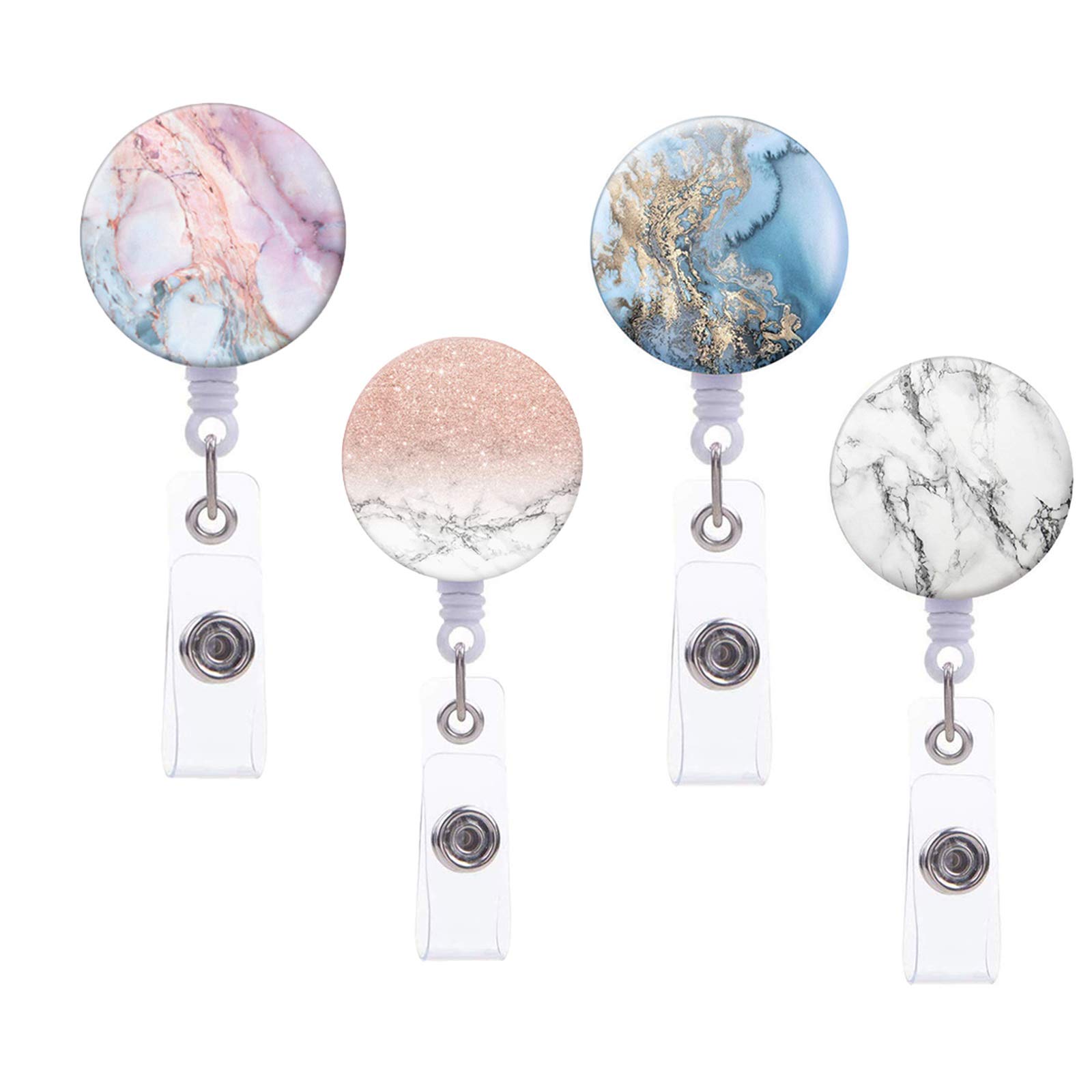 Retractable Badge Reel with Alligator Clip - 4 Pack Marble Design for ID Cards, Keys & Work Accessories | Perfect for Nurses, Teachers & Office Professionals