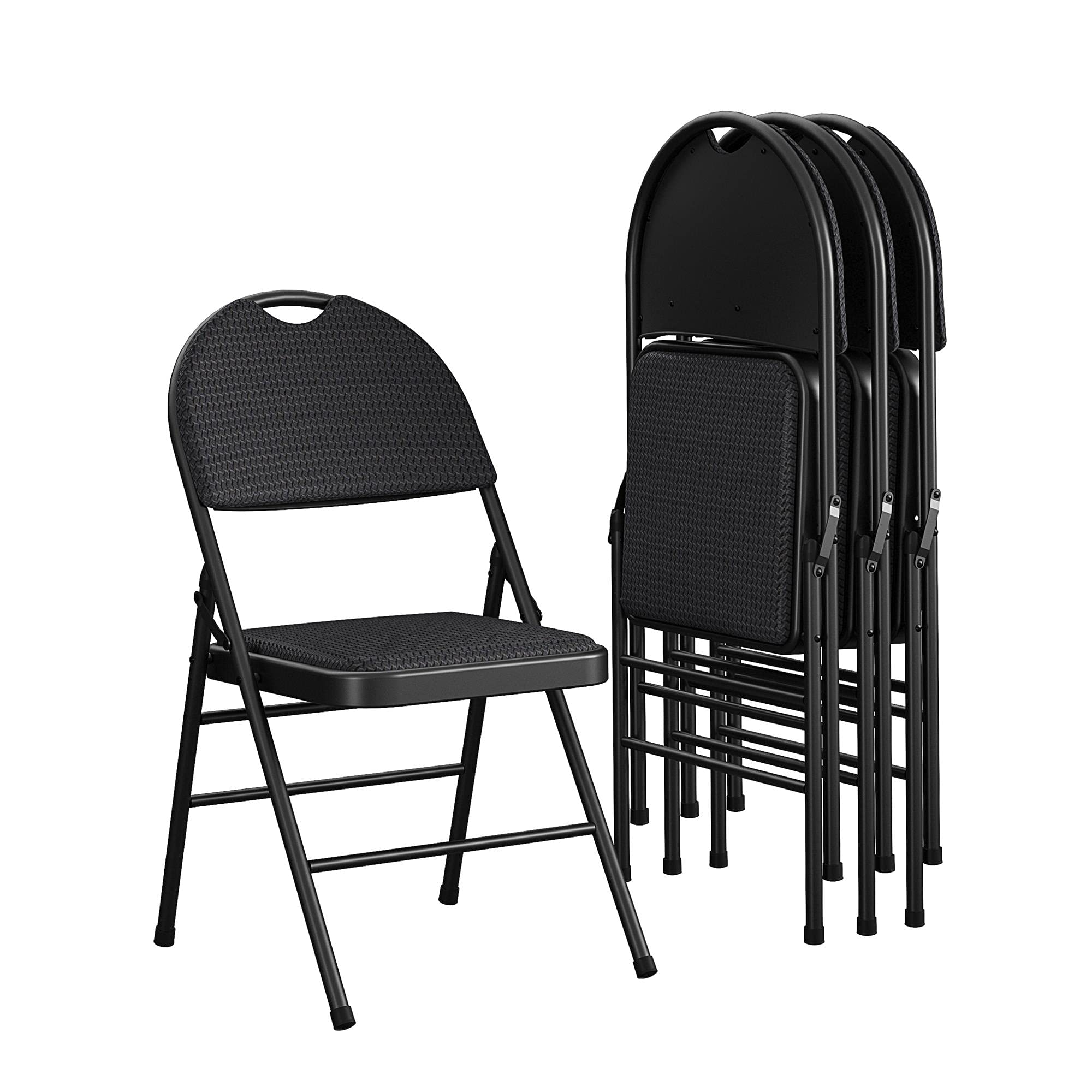XL Comfort Fabric Padded Metal Folding Chair with Contoured Seat Back - 300 lb Capacity, Triple Braced, Black (Set of 4) - Perfect for Events, Parties, Banquets & Outdoor Gatherings