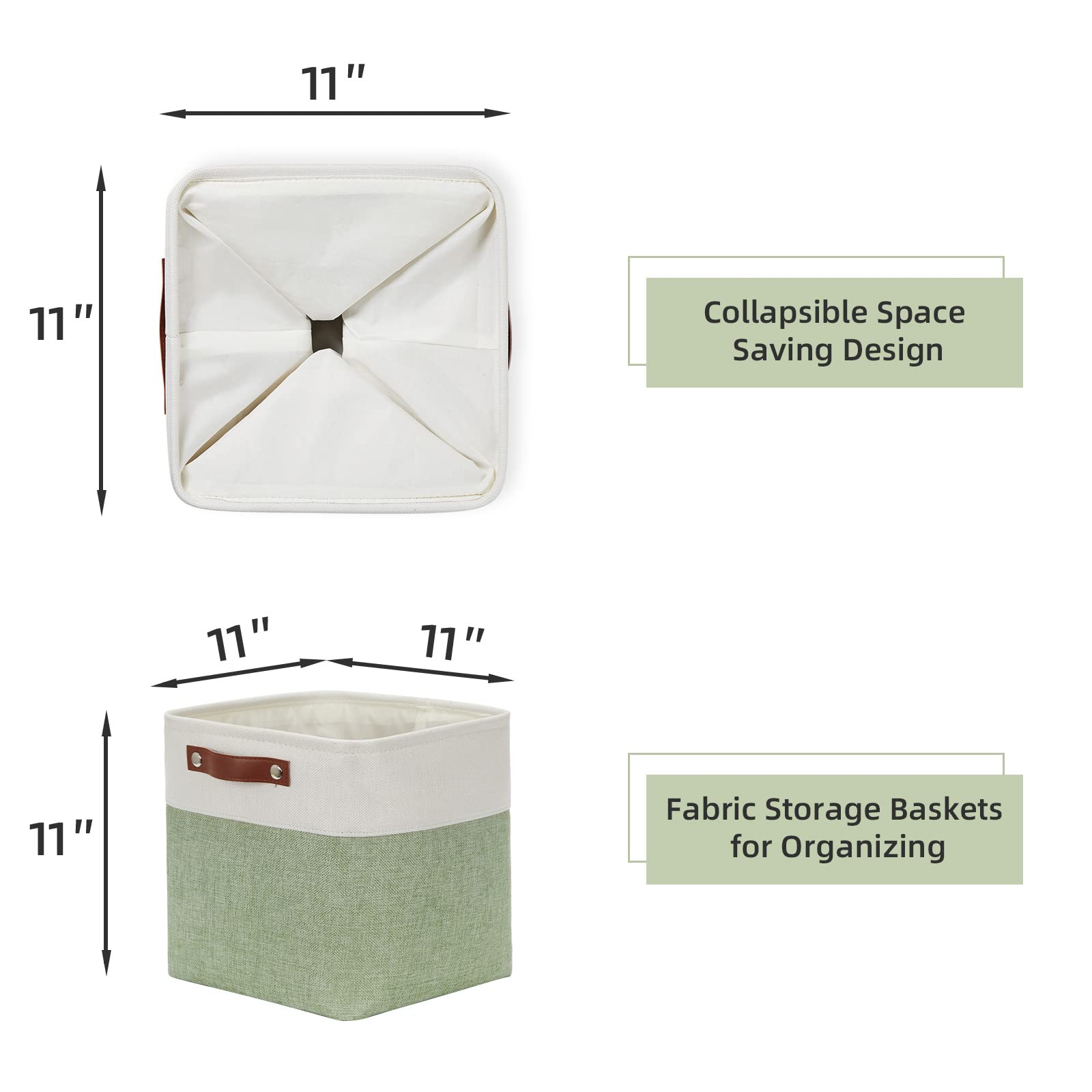 HNZIGE 11x11 Inch Fabric Cube Storage Bins - Set of 4 Foldable Organizer Baskets with Handles for Shelves, Closet, Nursery & Bedroom - Perfect for Home Organization, Toys & Clothes Storage (Green & White)