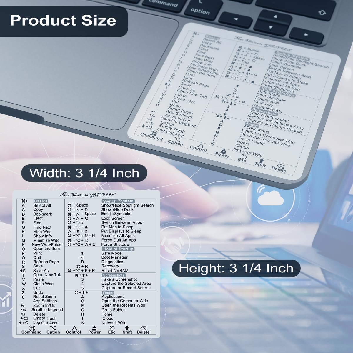 YINOVEEN 2-Pack Silver Keyboard Shortcut Stickers for MacBook Pro 13/14/16, MacBook Air 13, iMac 21/24/27 - Mac OS System Shortcut Labels for Easy Navigation & Productivity Boost - Perfect for Work, Study & Creative Projects