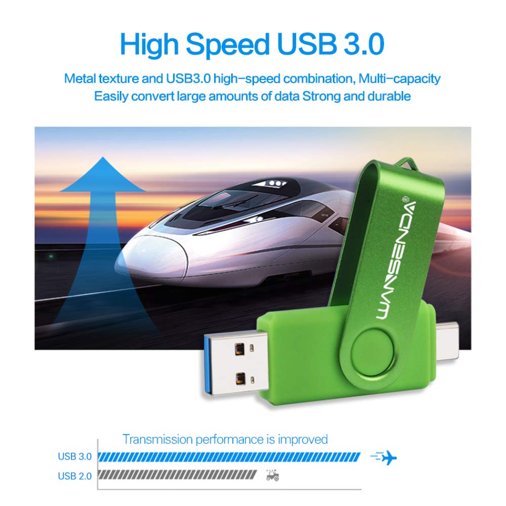 WANSENDA 512GB USB C Flash Drive 2-in-1 OTG USB 3.1 Memory Stick for Android & iPhone - High Speed Data Transfer for Photos, Videos, Files (Green) - Perfect for Travel, Work & Mobile Storage