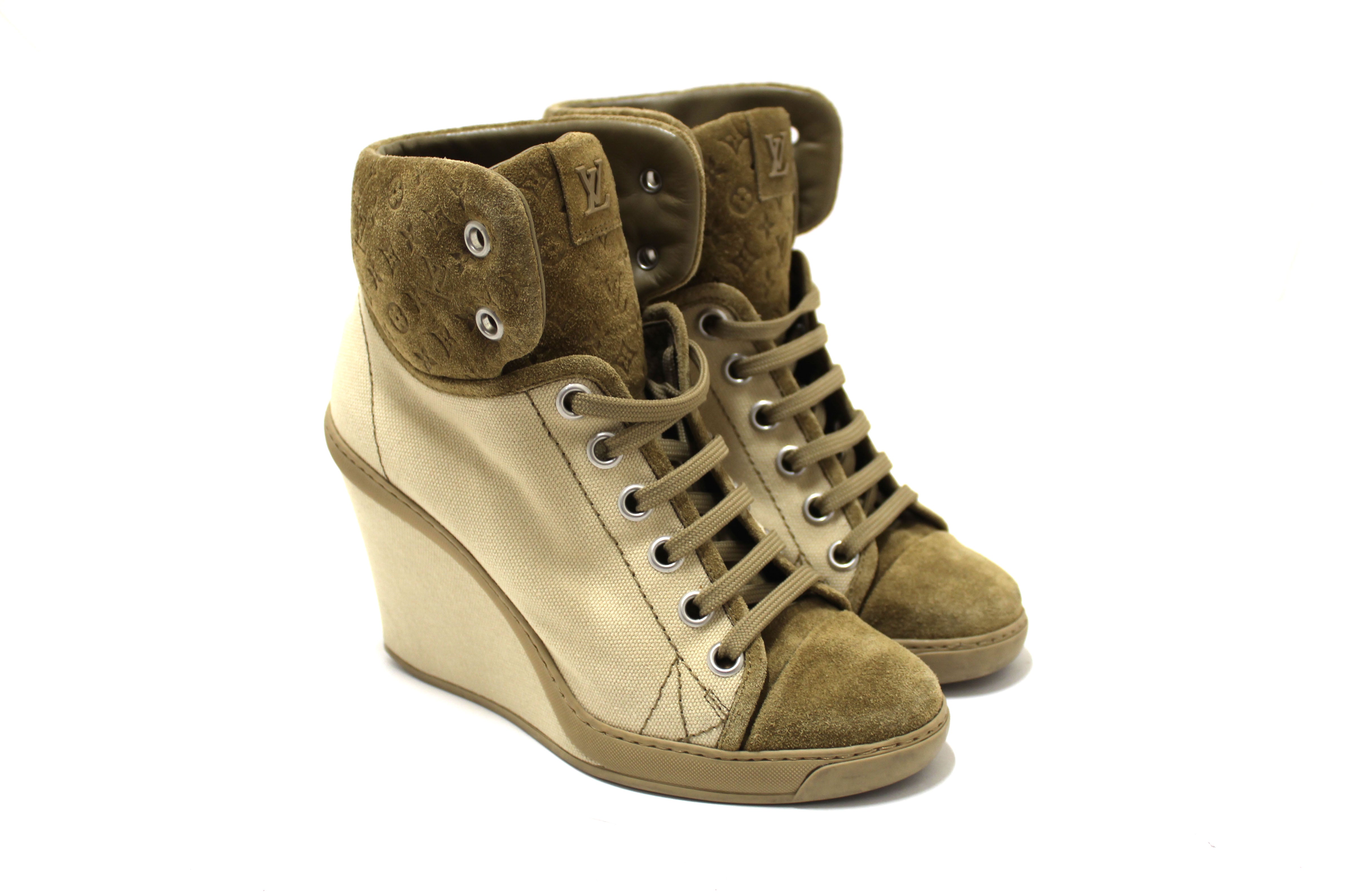 Authentic Louis Vuitton Khaki Suede Batignolles Wedge Shoes Women's Size 38 | Luxury Designer Heels for Parties, Weddings & Fashion Events