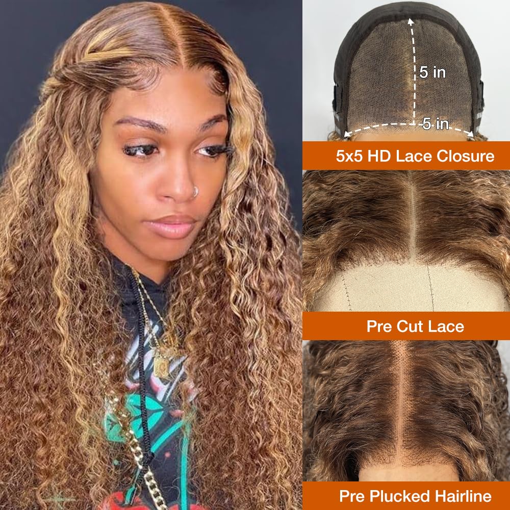 5x5 HD Lace Glueless Curly Human Hair Wig for Black Women - Preplucked Honey Blonde Wet & Wavy Wear & Go Wig for Beginners | Perfect for Daily Wear, Parties & Protective Styling