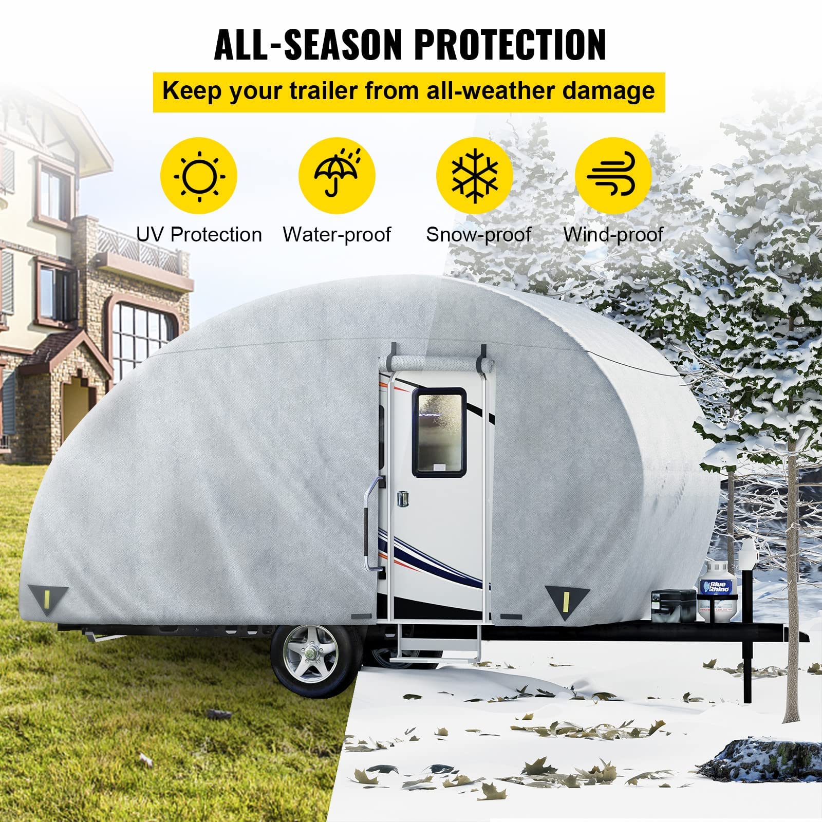 VEVOR 10'-12' Teardrop Trailer Cover - 4-Layer UV-Proof Waterproof Camper Cover with Windproof Straps & Storage Bag - Perfect for Outdoor Travel & Winter Storage Protection