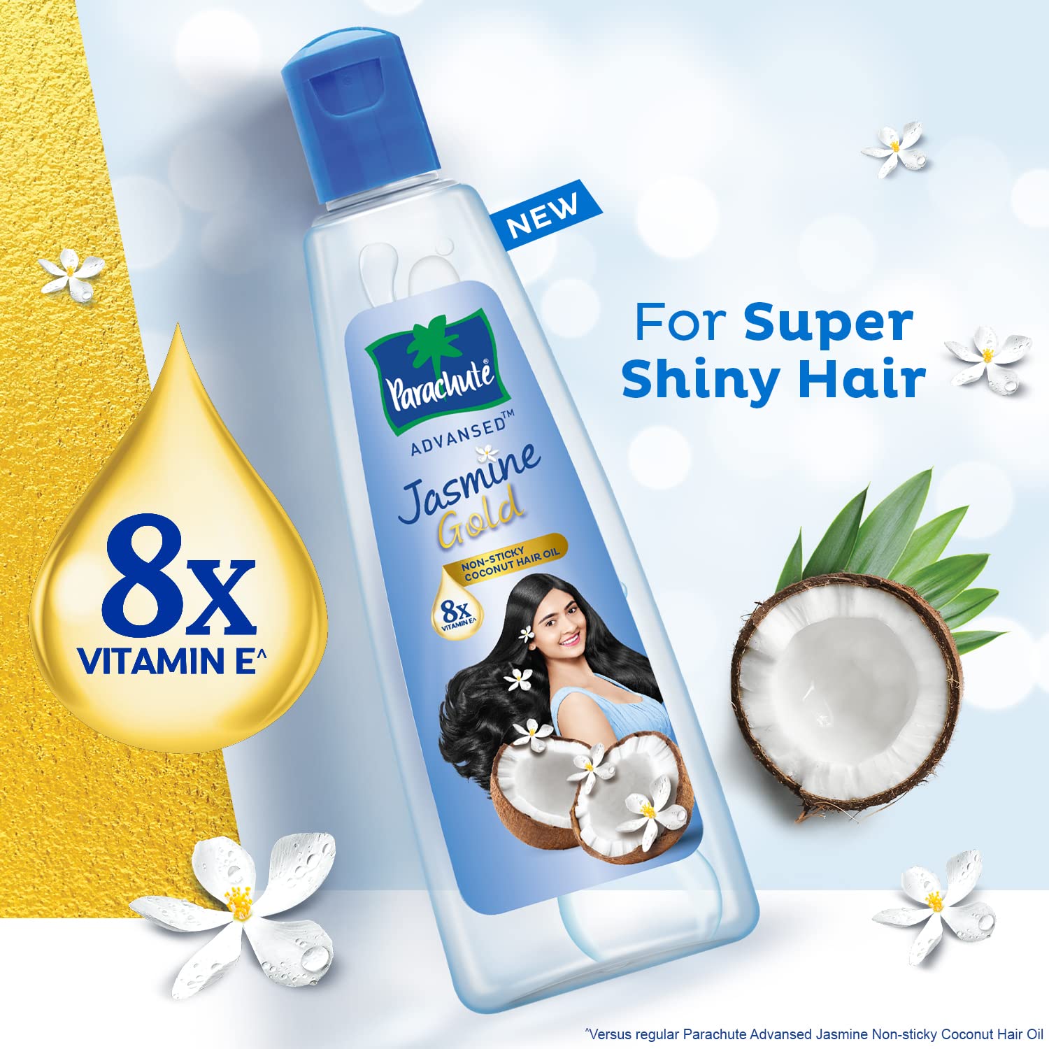 Parachute Advanced Jasmine Gold Coconut Hair Oil with Vitamin E for Super Shiny Hair - Non-Sticky Formula, 500ml - Perfect for Daily Hair Care, Deep Conditioning & Frizz Control
