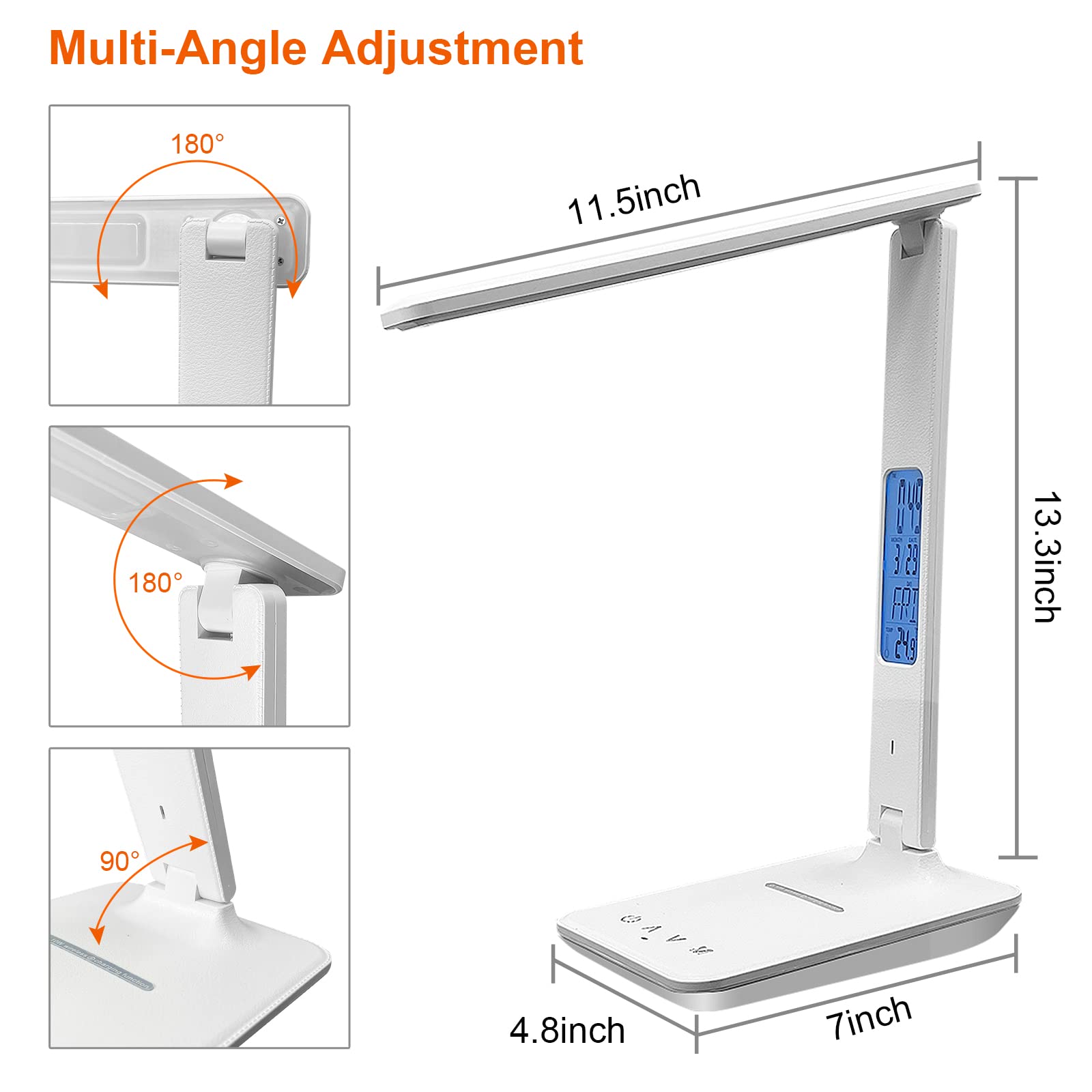 Wireless Charging Desk Lamp with USB Port, Dimmable LED Office Light - Built-in Clock, Alarm, Date & Temperature Display - Foldable Table Lamp for Bedroom, Bedside, Office & Study (White) | Perfect for Night Reading, Working & Charging Devices