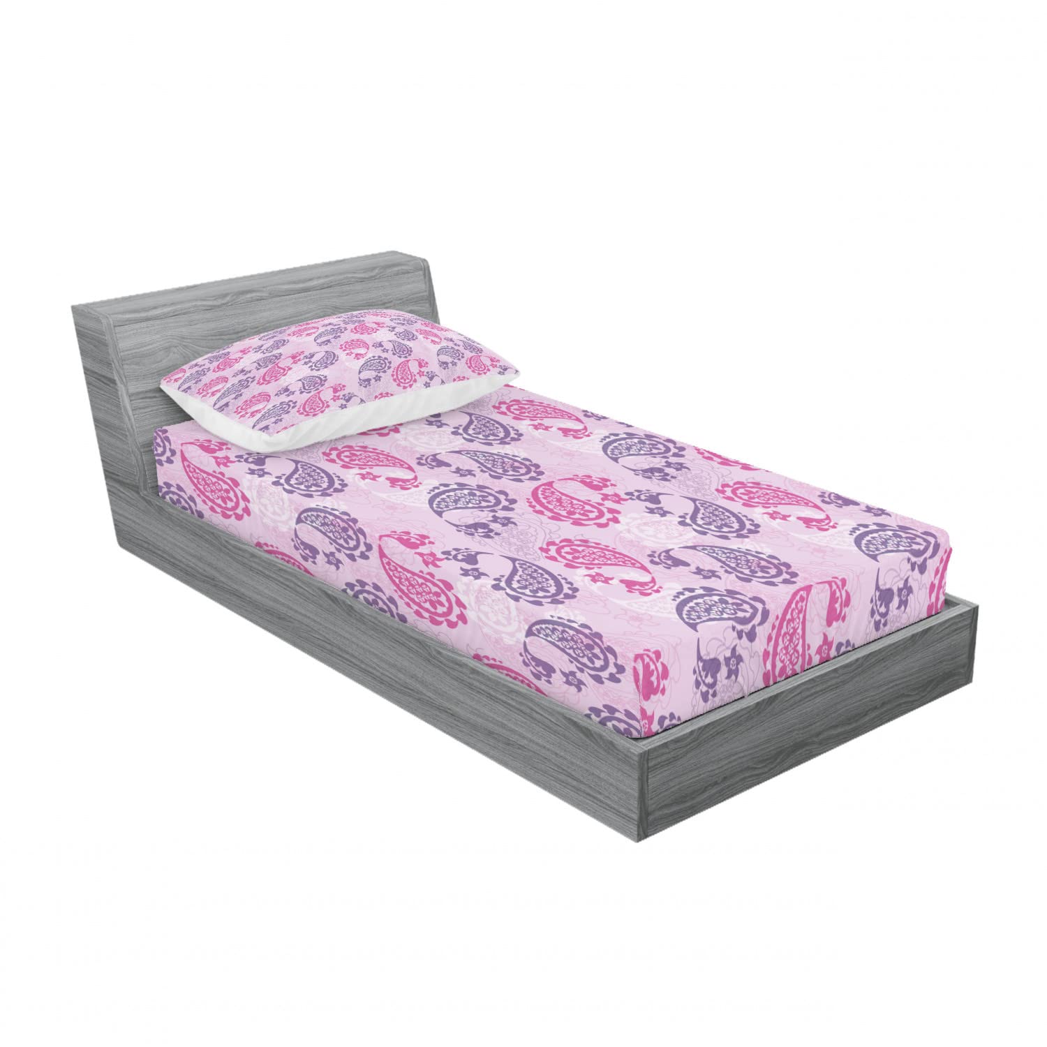 Ambesonne 2-Pack Paisley Print Twin XL Fitted Sheets & Pillow Sham Set - 4 Piece Bedding Decor in Fuchsia Lilac - Soft Microfiber for Dorm, Guest Room & Kids Bedroom