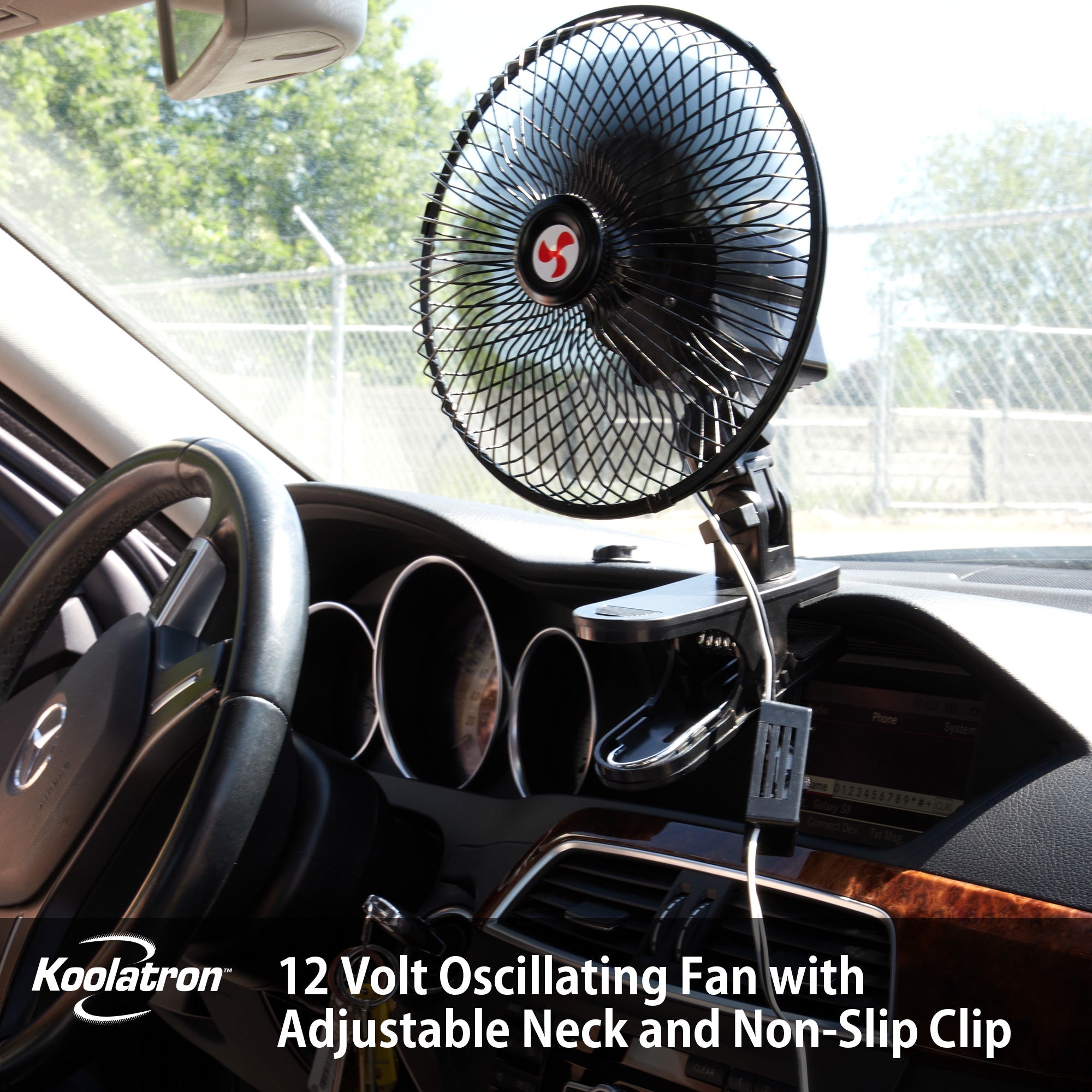 Koolatron 12V Clip-On Oscillating Fan with 2 Speed Settings - Adjustable Heavy Duty Non-Slip Clamp & 4ft Power Cord - Perfect for Car, SUV, Truck, RV & Boat Cooling - Black