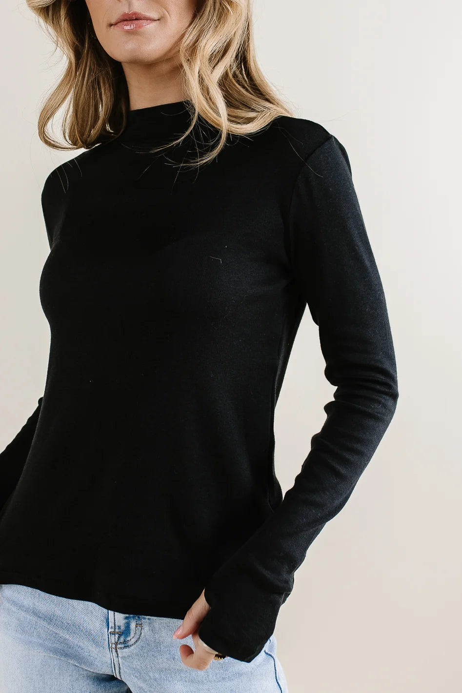 Alani Mock Neck Top for Women - Black Stretch Knit Long Sleeve Shirt | Slim Fit Work Blouse & Casual Wear | Perfect for Office, Date Night & Everyday Outfits