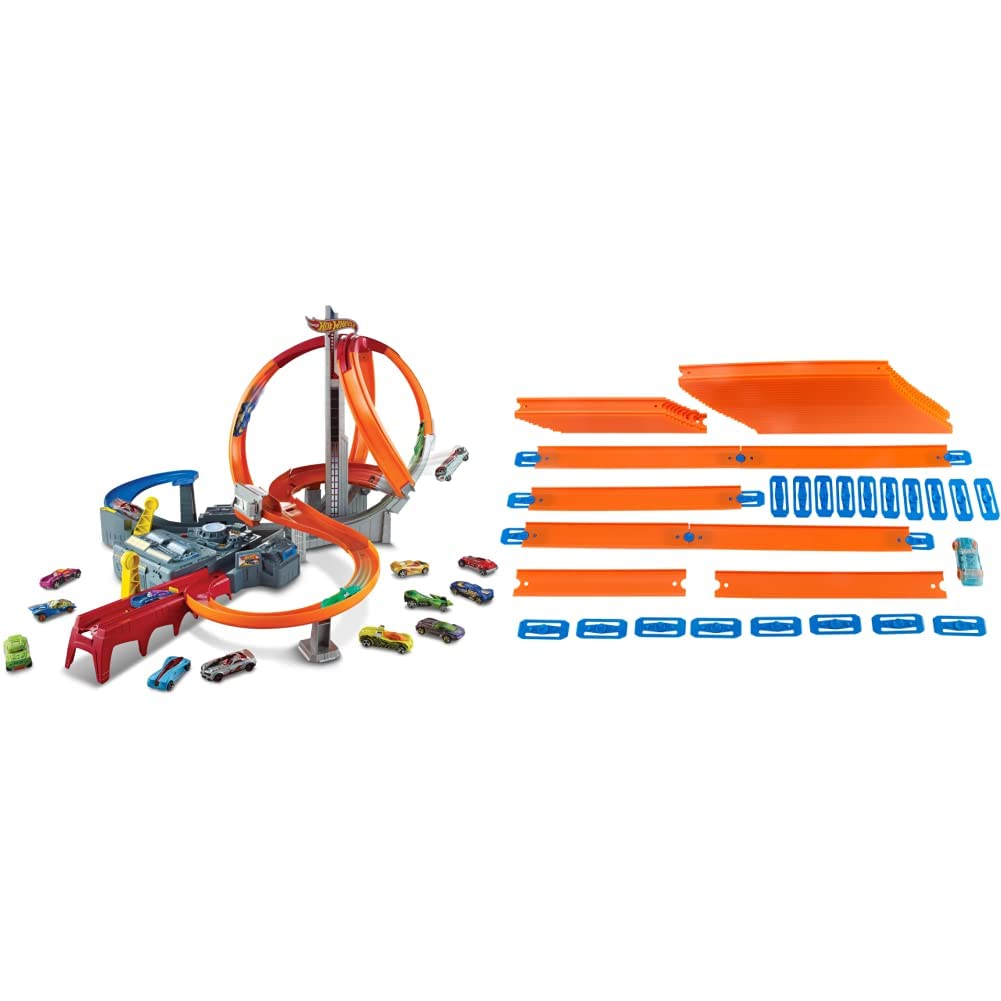 Hot Wheels Mega Track Pack with Motorized Multi-Lane Racetrack - Includes 1 Toy Car, 3 Crash Zones & Spin Storm Feature [Amazon Exclusive] - Perfect for Kids' Birthday Gifts & Family Racing Game Nights