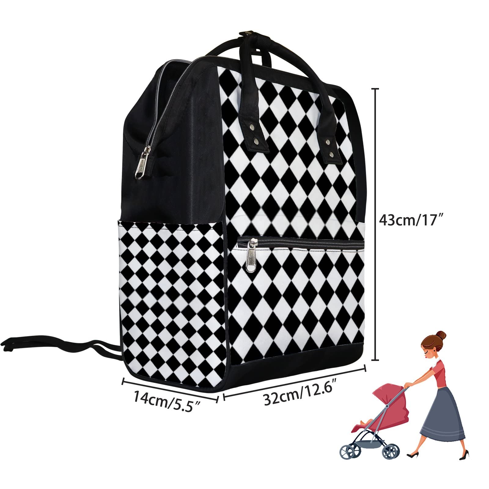 **Retro Black and White Lattice Diaper Backpack – Waterproof Baby Nappy Changing Bag with Large Capacity, Durable & Stylish for Women & Men – Perfect for Travel, Work, and Everyday Use**