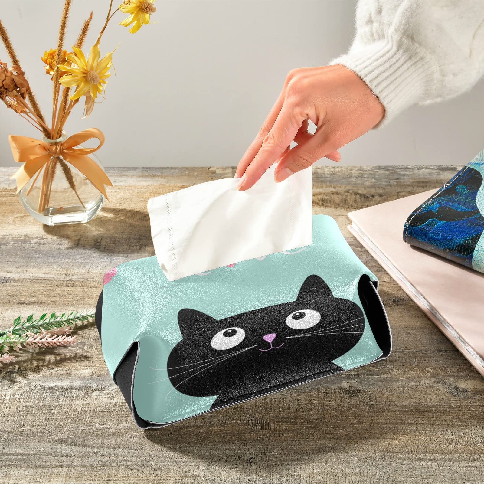 ALAZA Cartoon Cat Kitten Heart Leather Tissue Box Cover - Cute Home & Office Tissue Box Holder Organizer (5.7 x 5.7 x 5.7 Inches) - Perfect for Bathroom, Desk, Living Room & Gift Giving