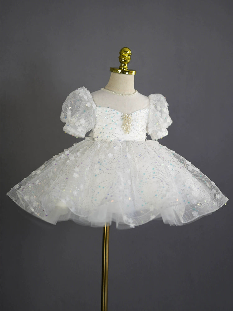 White Princess Sweetheart Tea-Length Tulle Flower Girl Dress for Weddings, First Communion & Special Occasions