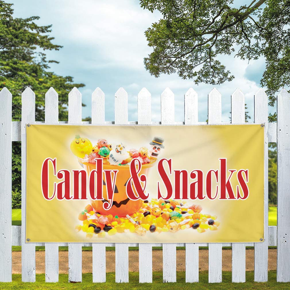 Durable Vinyl Banner for Candy & Snacks - Weatherproof Outdoor Sign for Restaurants, Cafes, Bars (48x96 Inches, Yellow, 8 Grommets) - Perfect for Business Advertising, Events, and Yard Signs