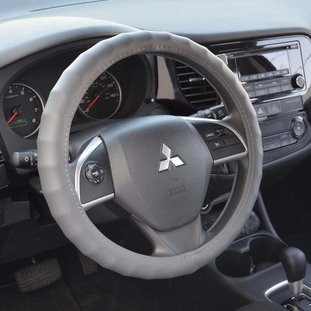 Motor Trend Ergonomic Grip Steering Wheel Cover - Genuine Leather (Gray) for Small Cars, SUVs & Boats (13.5-14.5