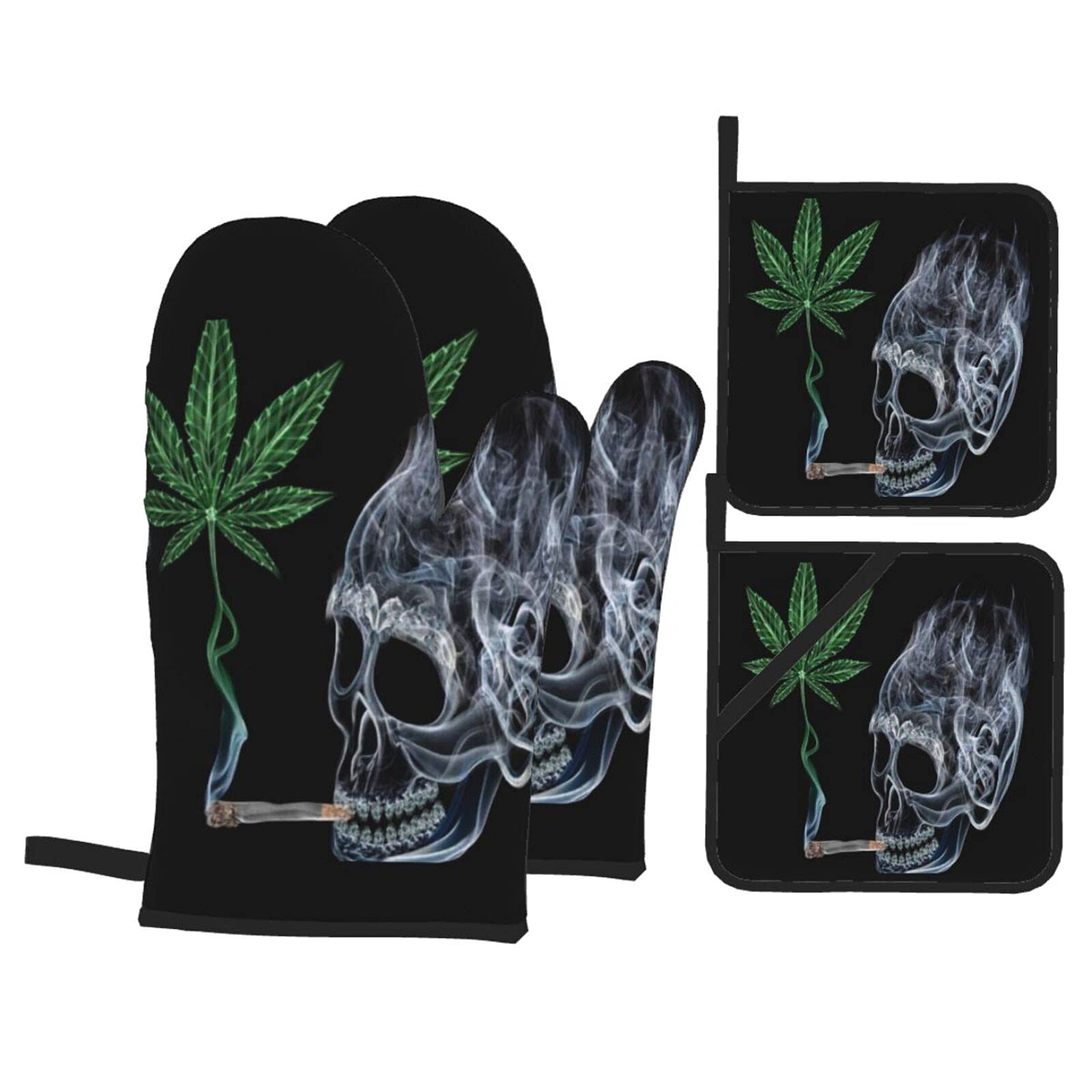 TPOKIM 4-Piece Marijuana Leaf & Skull Design Oven Mitts & Potholders Set - Heat Resistant, Non-Slip Cotton Kitchen Gloves for Baking, Cooking, Grilling, BBQ - Perfect for Stoner Gifts & Cannabis-Themed Kitchen Accessories