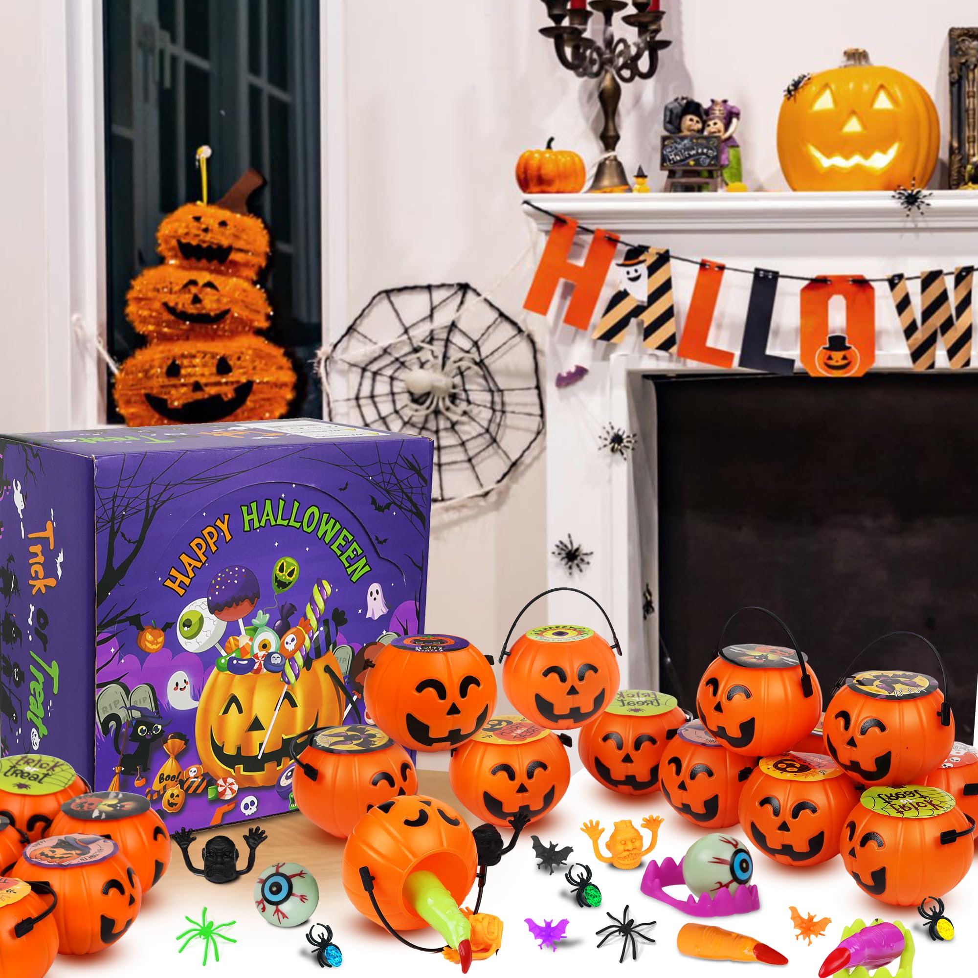 144 Pcs Halloween Party Favors for Kids - 18 Pack Prefilled Mini Pumpkin Toy Boxes Bulk Halloween Prizes, Trick or Treat Gifts, Classroom Rewards & Party Supplies for Halloween Festivities