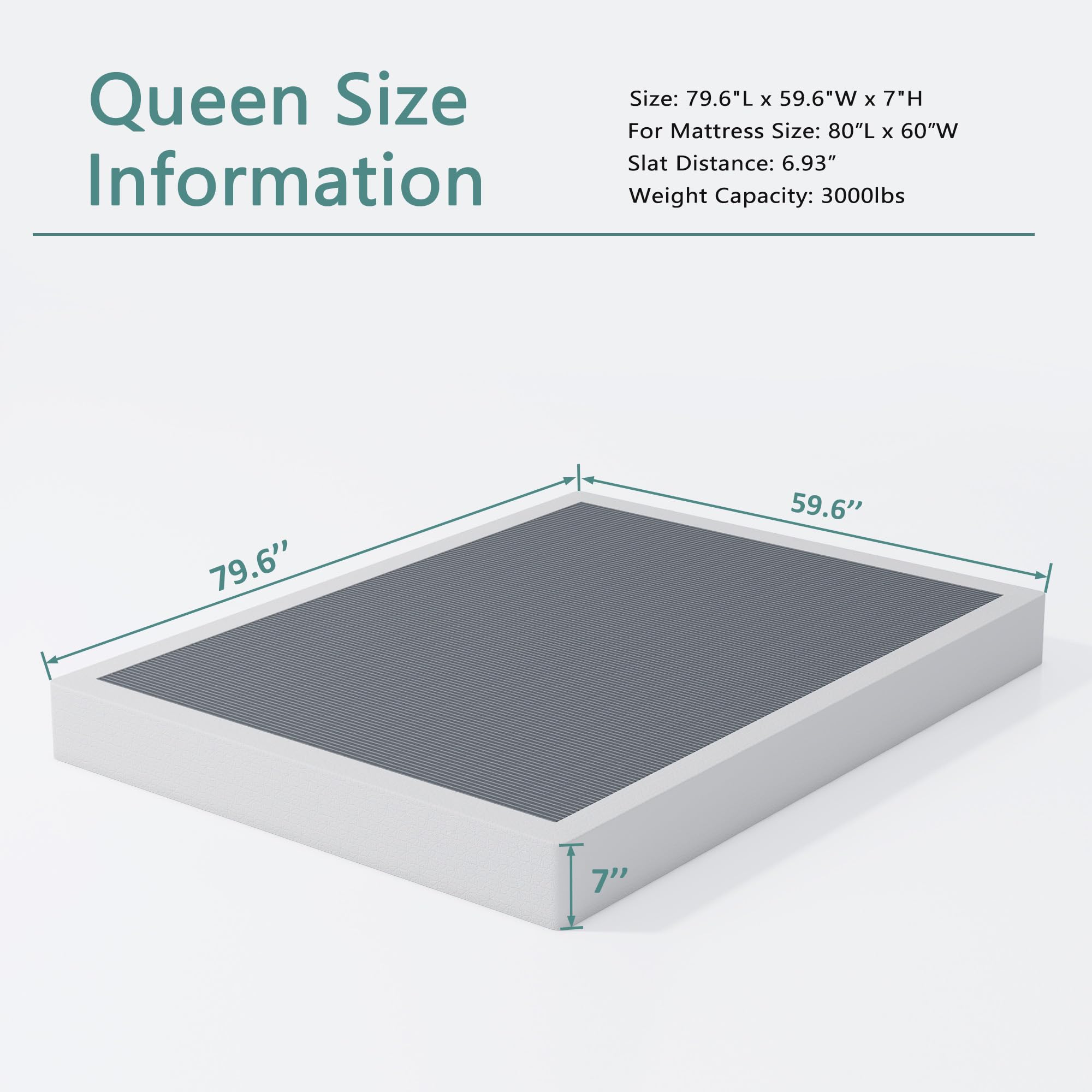 7 Inch Queen Size Box Spring with Heavy Duty Metal Frame & Fabric Cover - Easy Assembly, Noise Free Support for Mattresses - Perfect for Bedrooms, Guest Rooms & Dormitories