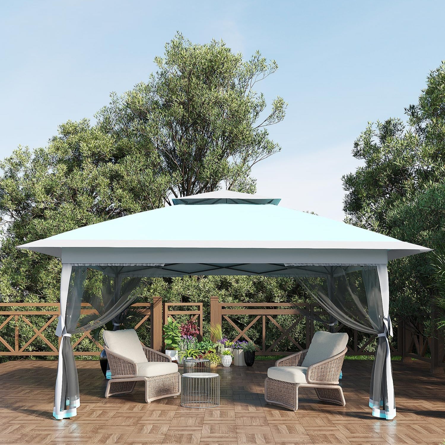 GARVEE 13'x13' Instant Pop Up Canopy Tent with Mosquito Net - Portable Outdoor Shelter for Camping, Beach, Backyard Parties, Picnics & Commercial Events (Navy Blue + Linen Grey) - Perfect for Summer Outdoor Activities, BBQ Gatherings & Farmers Market Stalls