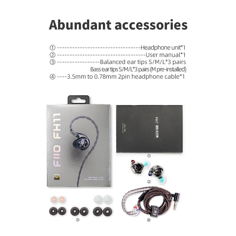 FiiO FH11 Hybrid In-Ear Monitors with 1 Dynamic Driver + 1 Balanced Armature - High Resolution Audio Earphones for Music Lovers & Audiophiles - Perfect for Studio Recording, Gaming & Travel